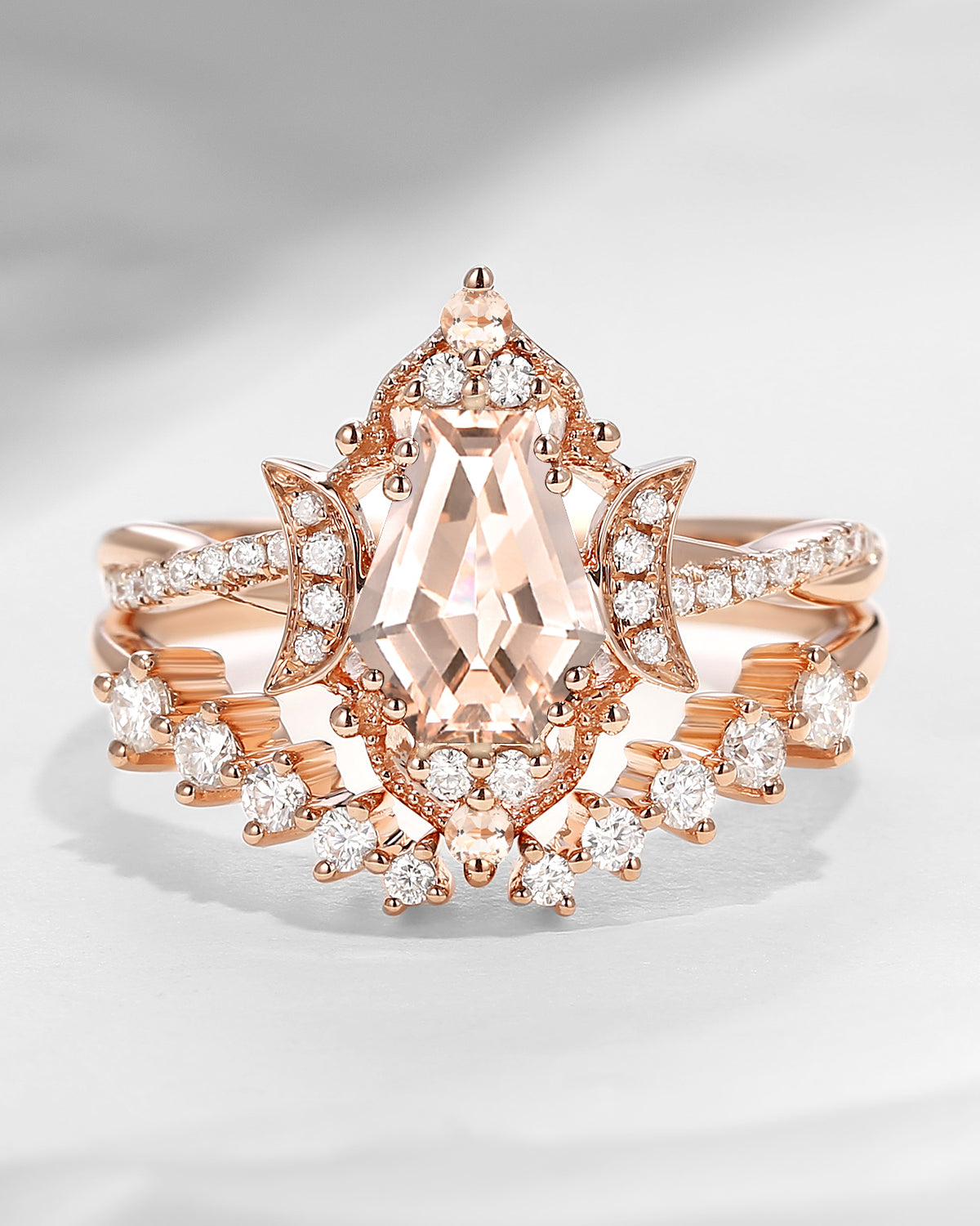 Crescent Moon | Coffin Cut Morganite Infinity Open Engagement Ring 2pcs-Infinity Galaxy