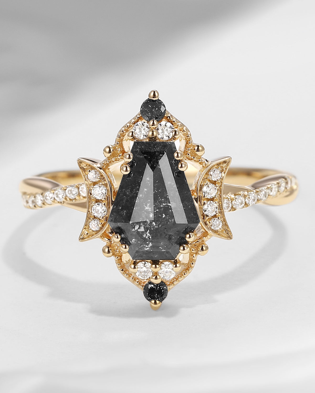 Crescent Moon | Coffin Cut Salt And Pepper Diamond Twisted Engagement Ring