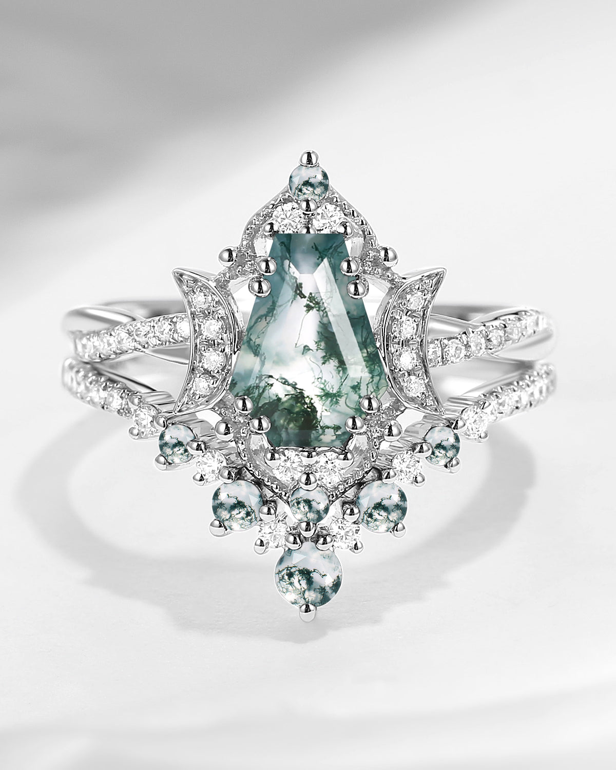 Crescent Moon | Coffin Cut Moss Agate Bridal Set 2pcs Moon Infinity Ring