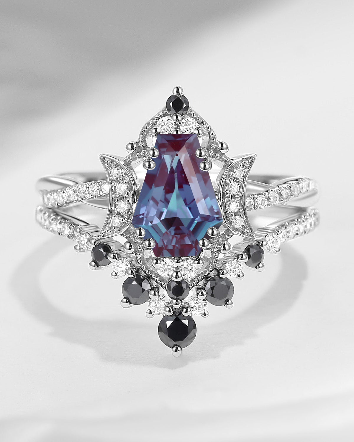 Crescent Moon | Coffin Cut Lab Alexandrite & Black Moissanite Bridal Set 2pcs Moon Infinity Ring