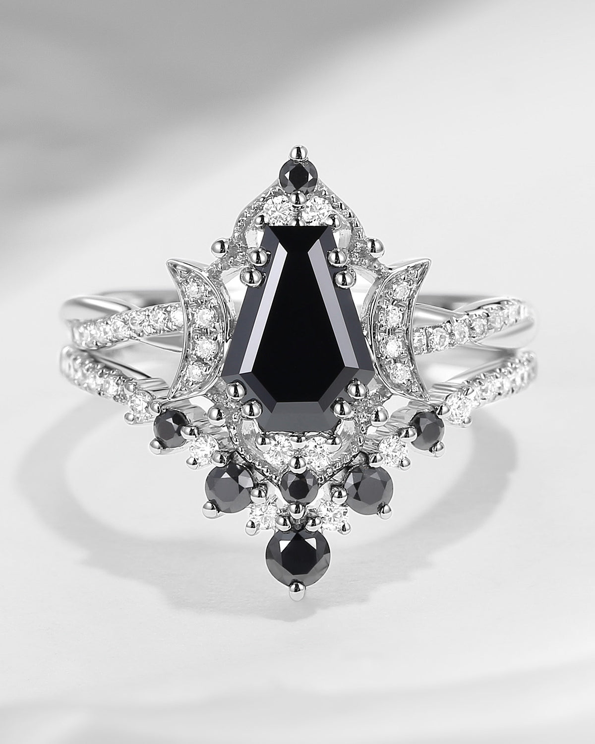 Crescent Moon | Coffin Cut Black Moissanite Bridal Set 2pcs Moon Infinity Ring