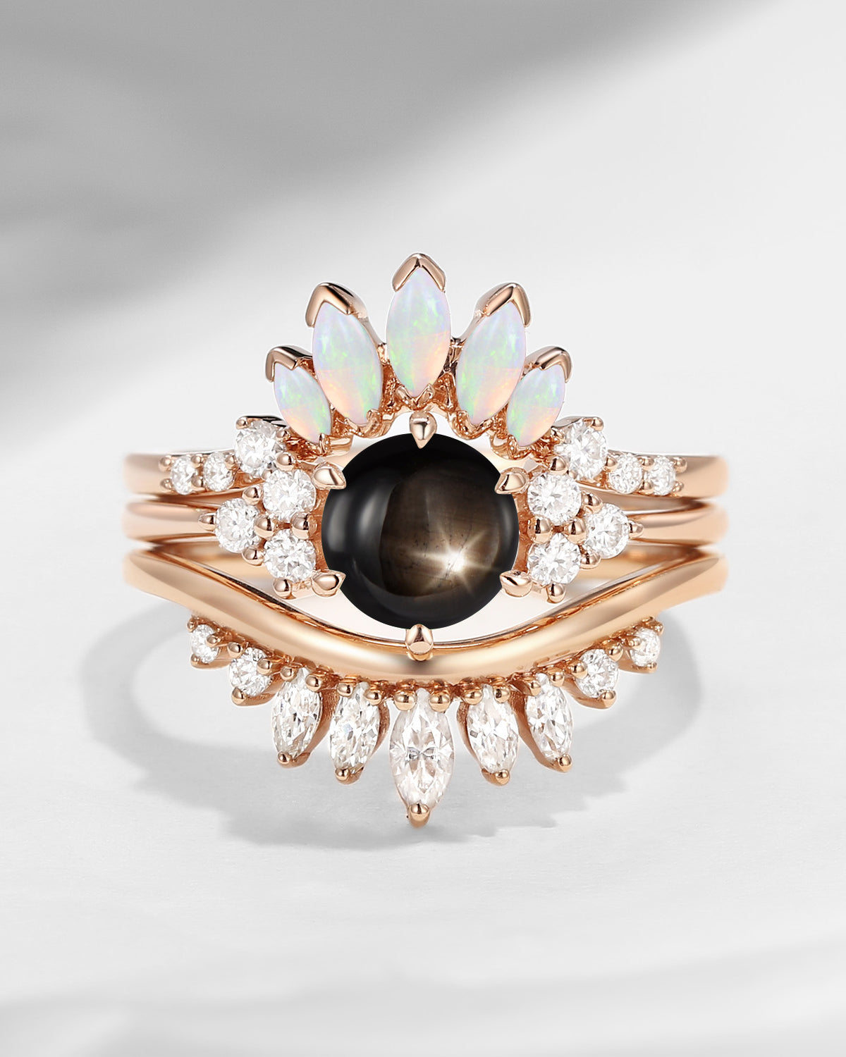 Bette‘s Eyes | Unique Round Cut Natural Black Star Sapphire Engagement Ring Set 3pcs