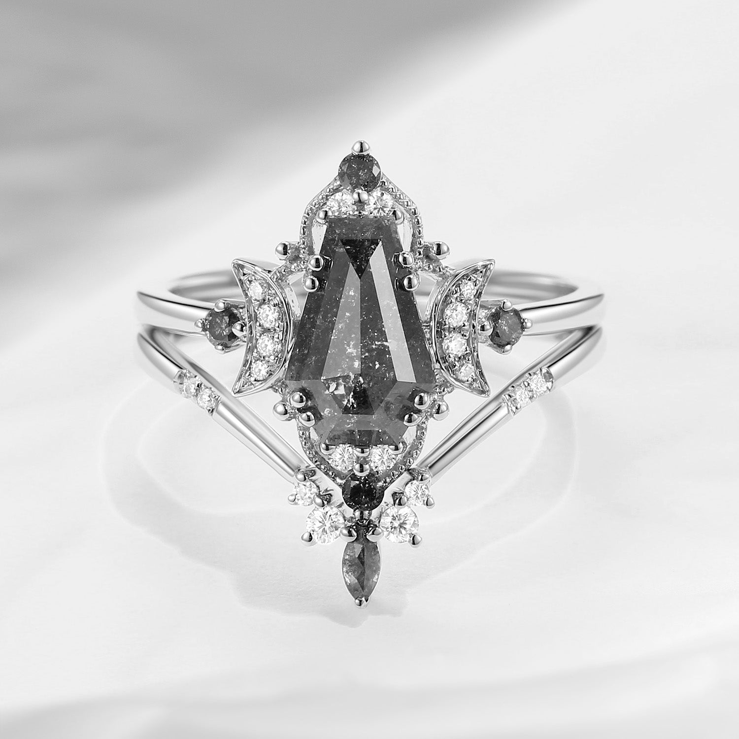 Crescent Moon | Coffin Cut Salt and Pepper Diamond Engagement Ring Set 2pcs