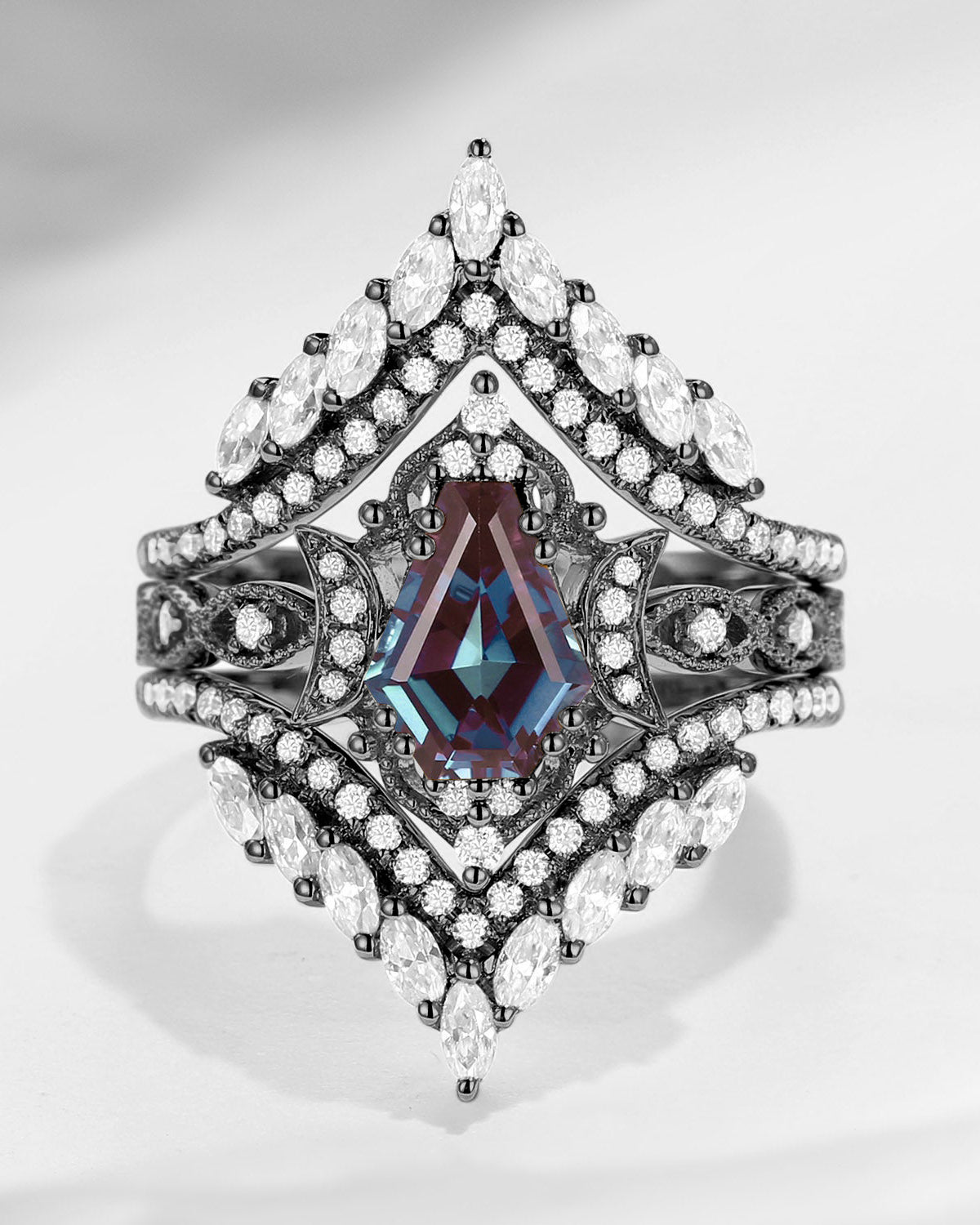 Crescent Moon | Vintage Coffin Cut Alexandrite Black Gold Engagement Ring Jacket 2pcs