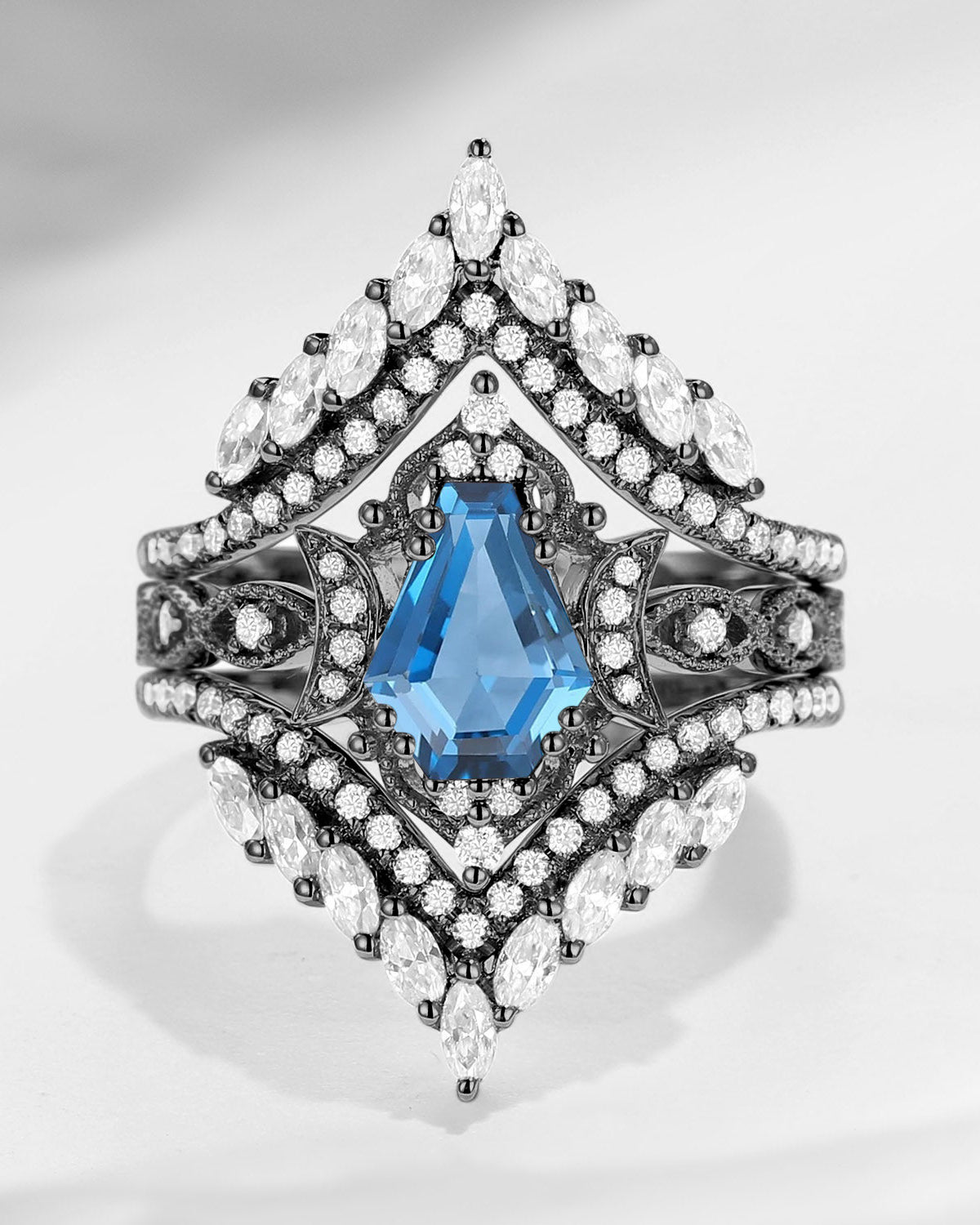 Crescent Moon | Vintage Coffin Cut Blue Topaz Black Gold Engagement Ring Jacket 2pcs