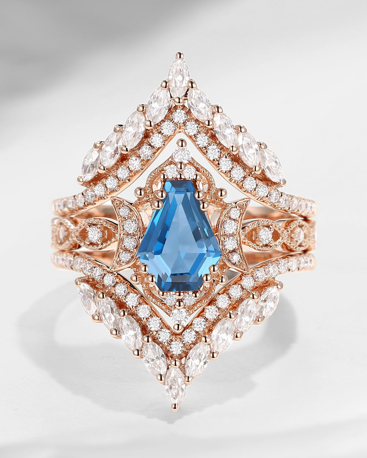 Crescent Moon | Vintage Coffin Cut Blue Topaz Engagement Ring Jacket 2pcs