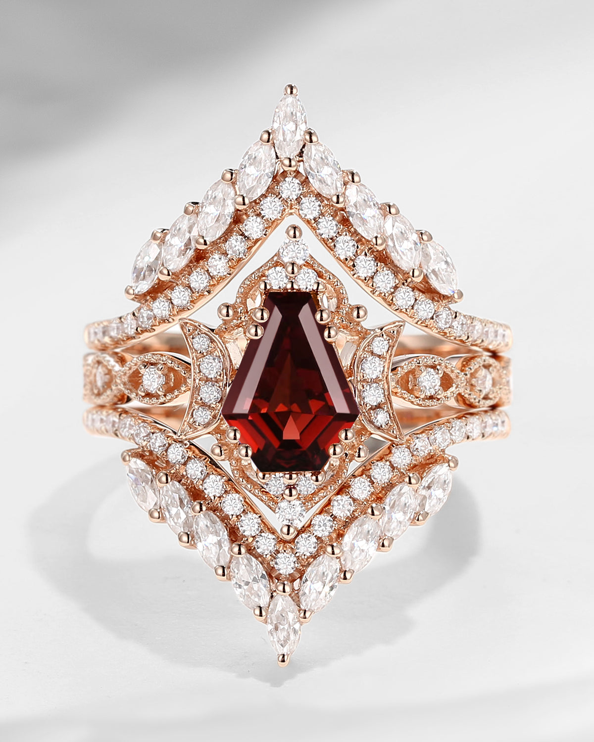 Crescent Moon | Vintage Coffin Cut Garnet Engagement Ring Jacket 2pcs