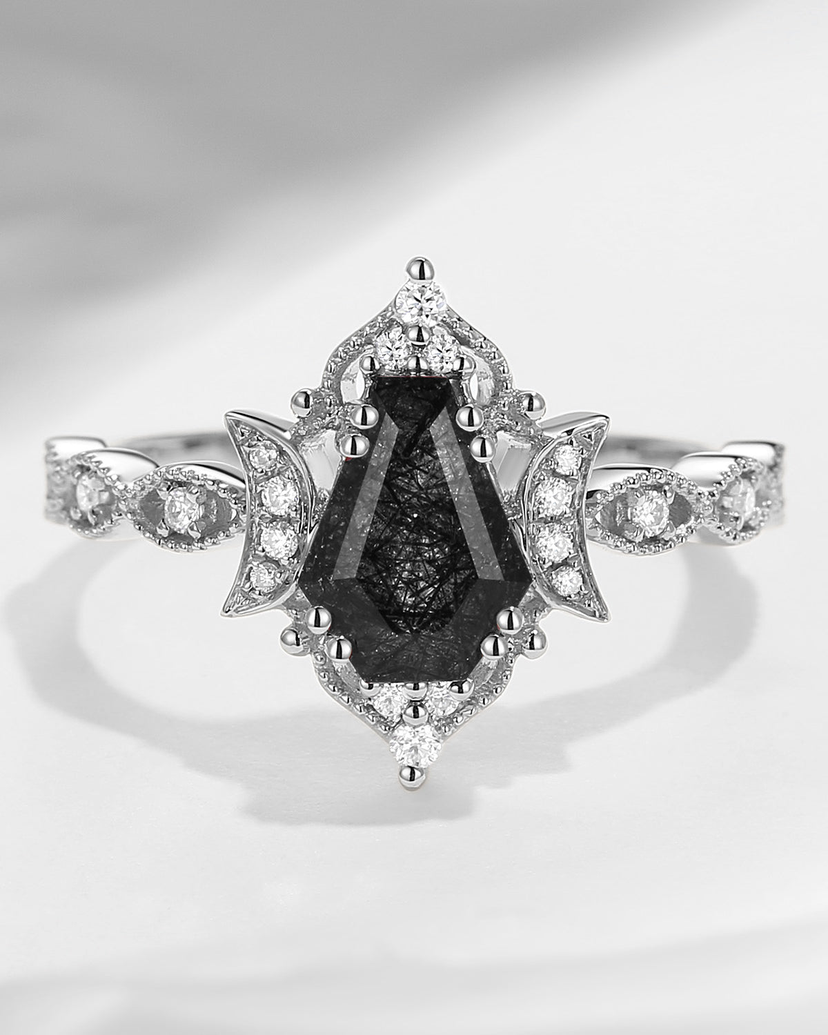 Crescent Moon | Coffin Cut Black Rutilated Quartz Ring 18k - Till Death Do Us Apart
