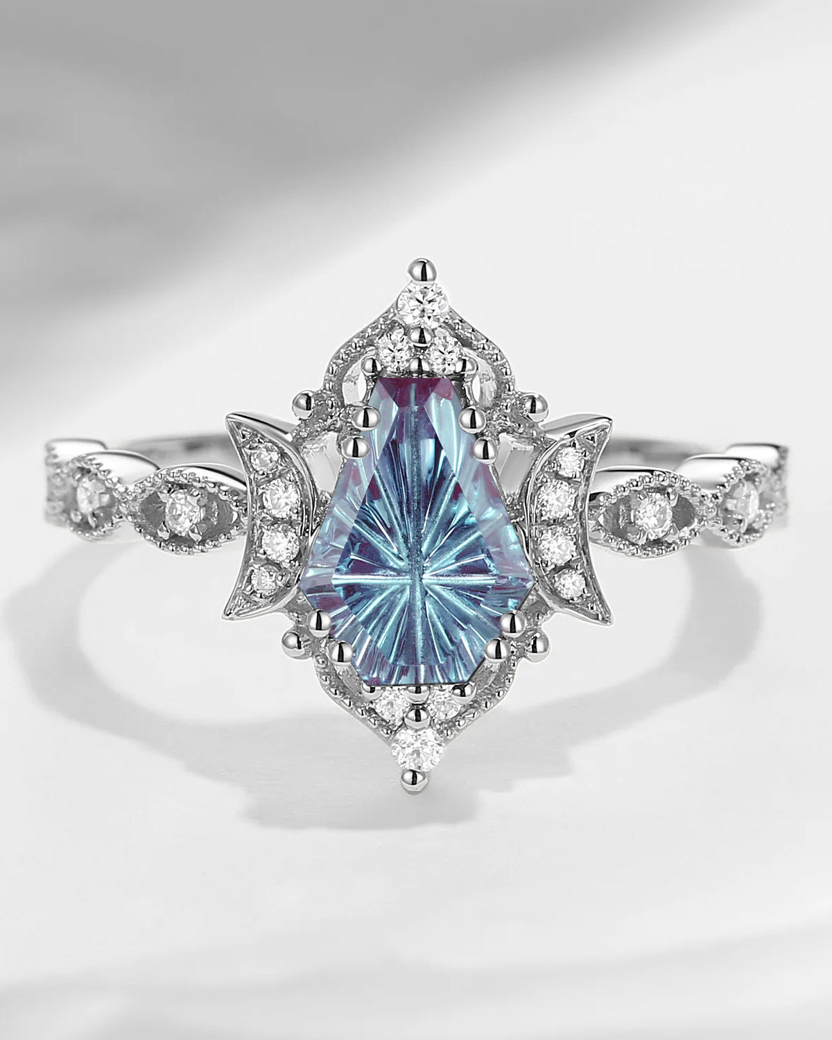 Crescent Moon | Vingtage Unique Milgrain Firework Cut Coffin Lab Alexandrite Engagement Ring