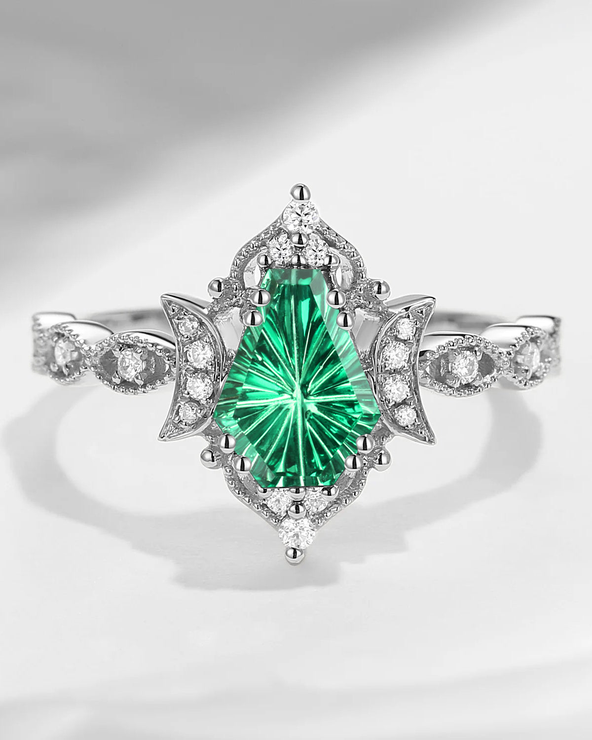 Crescent Moon | Vingtage Unique Milgrain Firework Cut Coffin Lab Emerald Engagement Ring