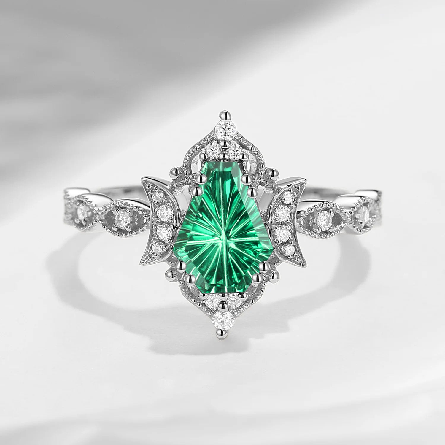 Crescent Moon | Vingtage Unique Milgrain Firework Cut Coffin Lab Emerald Engagement Ring