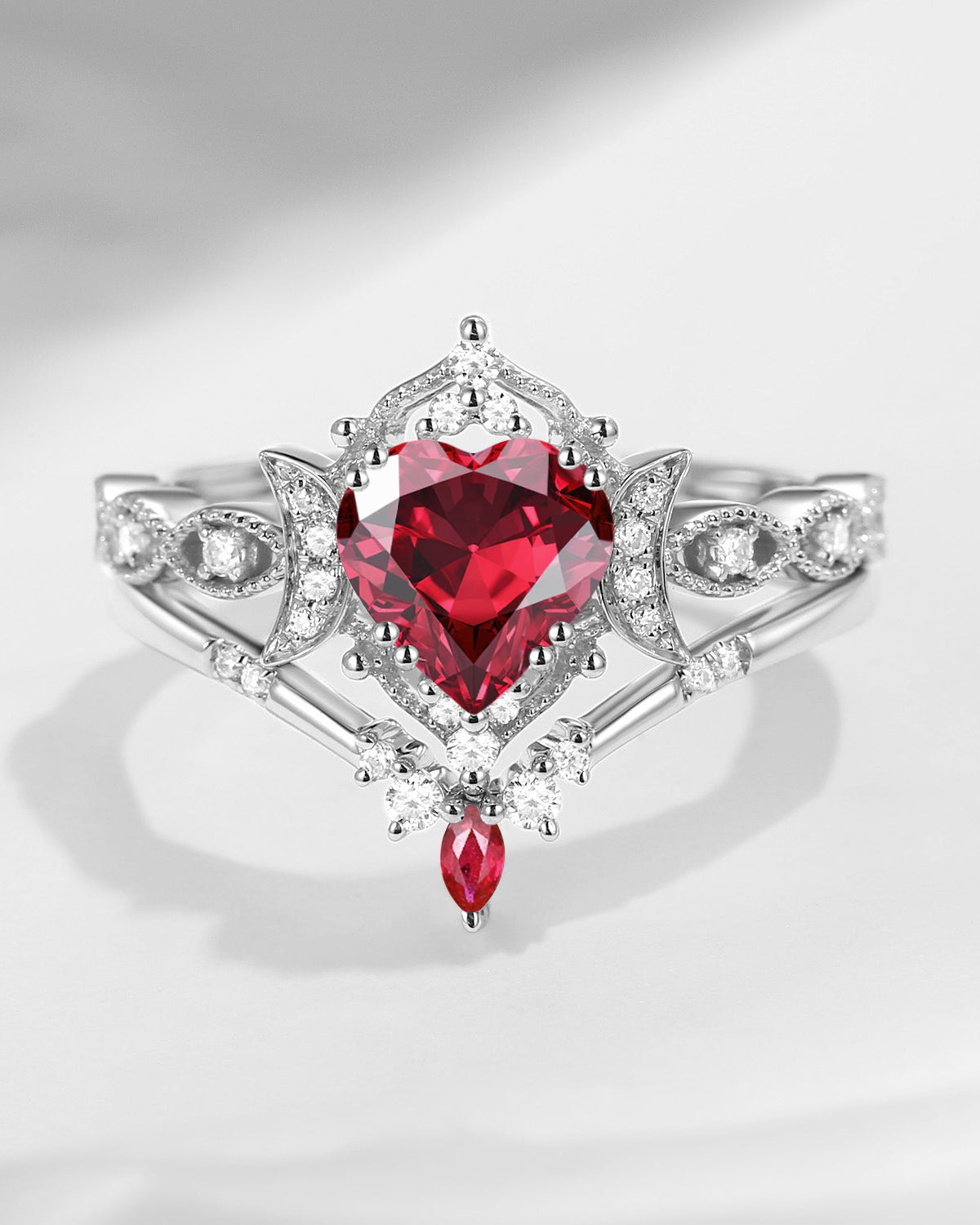 Crescent Moon | 18K Heart Shaped Lab Ruby Engagement Ring Set 2pcs - Luna