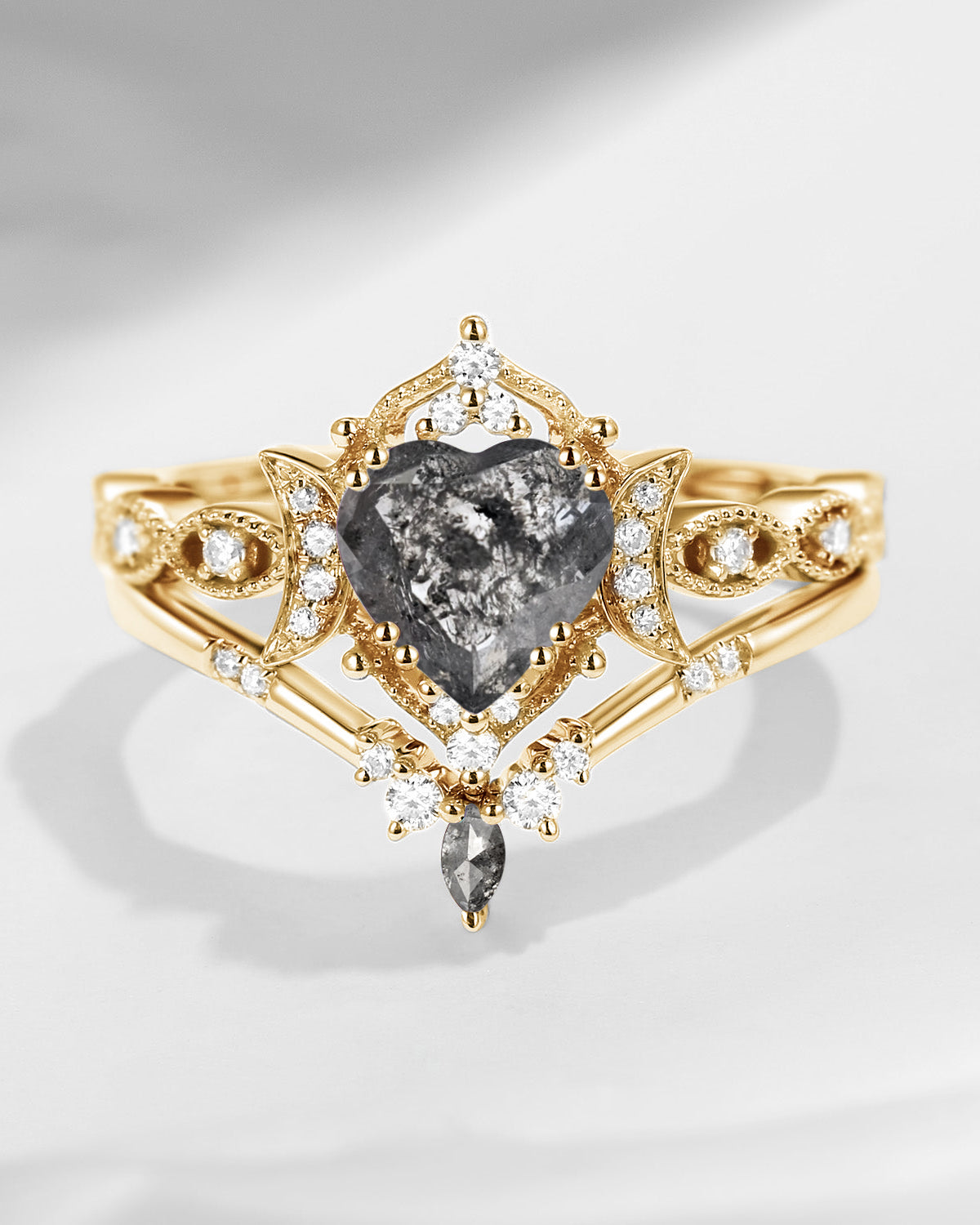 Crescent Moon | Heart Shaped Natural Salt And Pepper Diamond Engagement Ring Set 2pcs - Luna