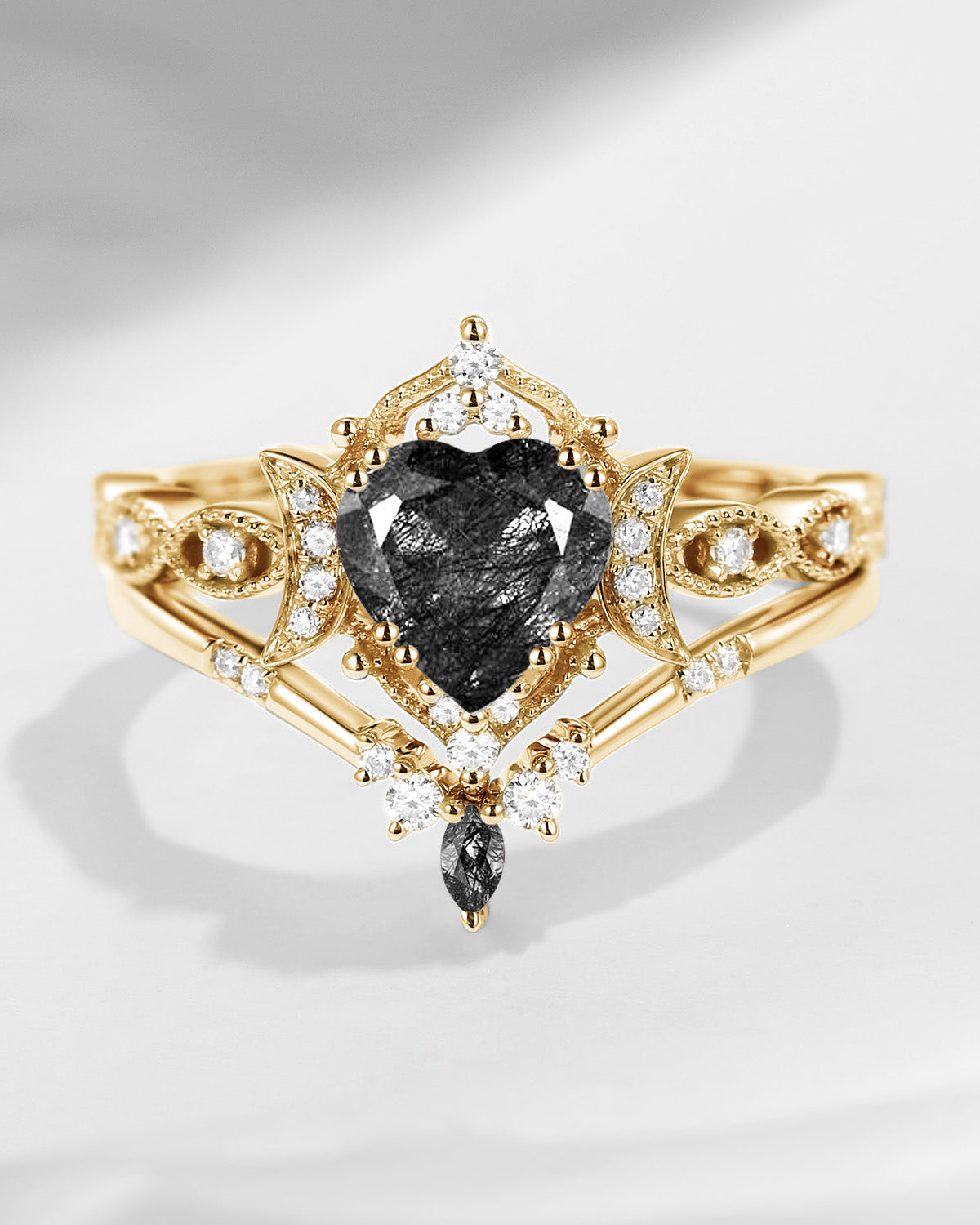 Crescent Moon | 18K Heart Shaped Black Rutilated Quartz Engagement Ring Set 2pcs - Luna