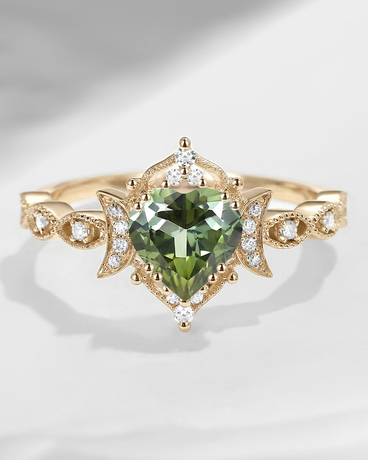 Crescent Moon | Unique Heart Shaped Natural Green Tourmaline Engagement Ring Moon Ring