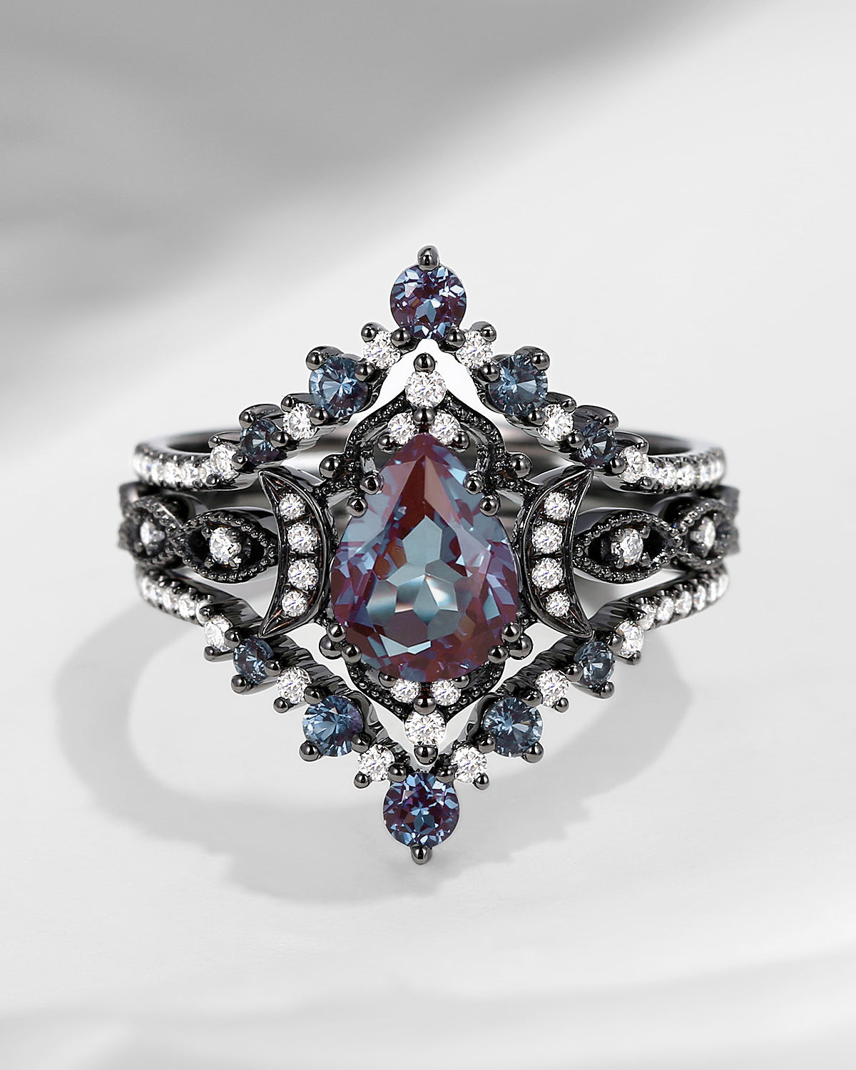 Crescent Moon | Pear Cut Lab Alexandrite 'Black Statement' Ring Set 3pcs