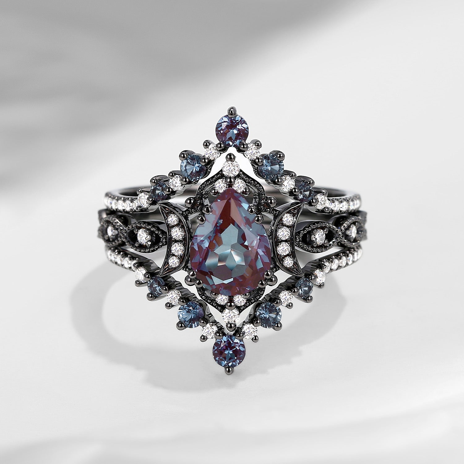 Crescent Moon | Pear Cut Lab Alexandrite 'Black Statement' Ring Set 3pcs