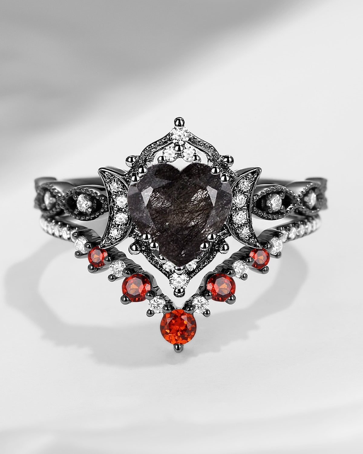 Crescent Moon | Heart Cut Black Rutilated Quartz & Garnet 'Black Statement' Ring Set 2pcs