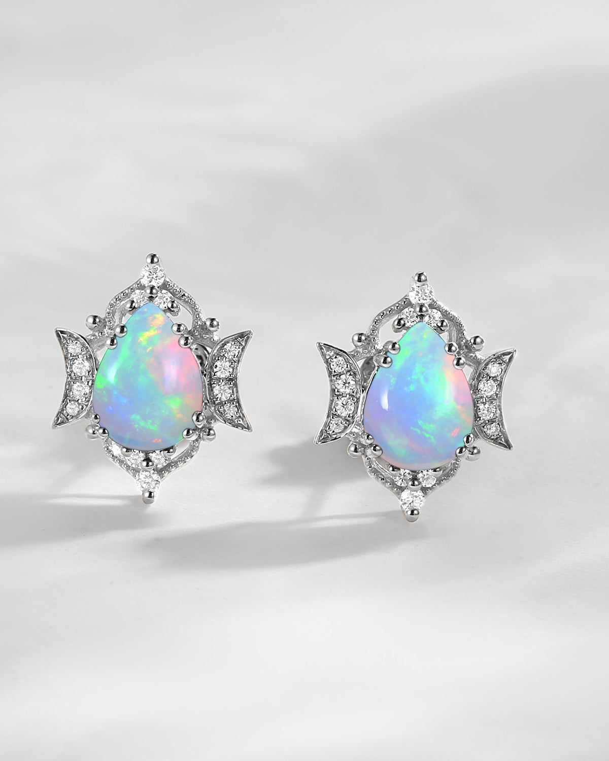 Crescent Moon Vintage Pear Cut Natural Opal Earrings