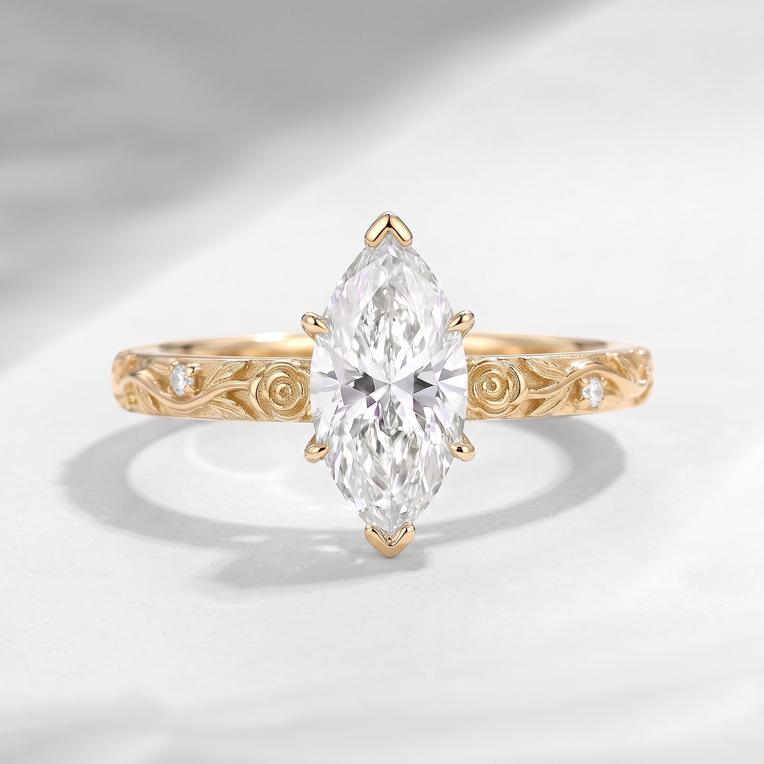 'Rose Éternelle' - Nature Inspired Marquise Cut Moissanite Thorns & Roses Flower Engagement Ring with Rose Carving Band