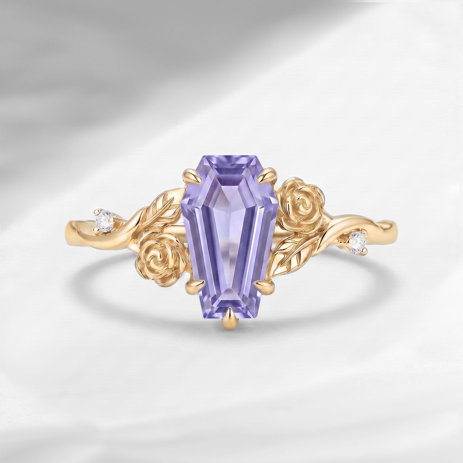 Thorns & Roses - Nature Inspired Coffin Lab Lavender Sapphire Flower Engagement Ring with Rose-inspired Band