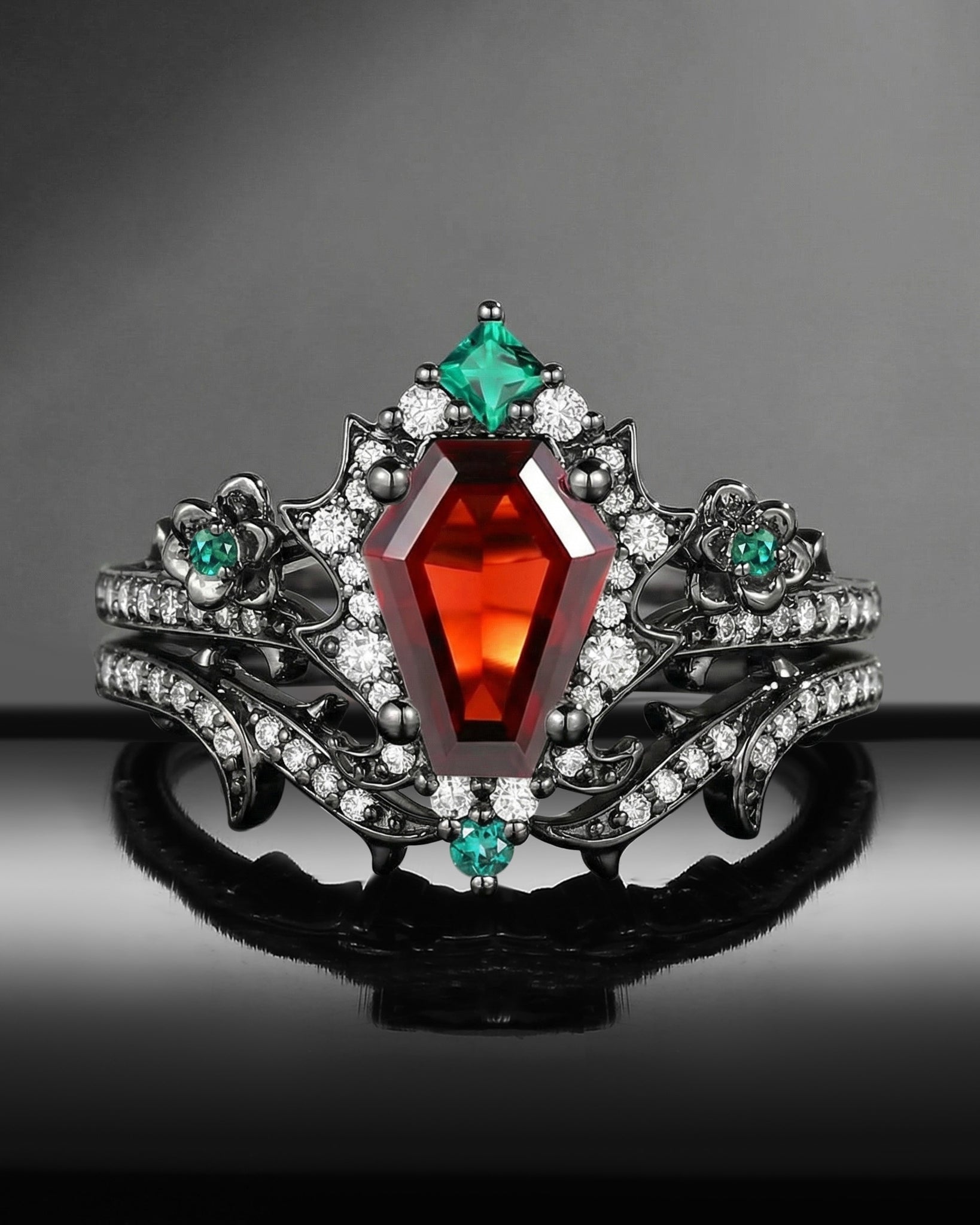 Gothic Coffin Garnet & Lab Emerald Garden Of Eden Black Gold Engagement Ring Set 2pcs- 'Thorns & Roses'