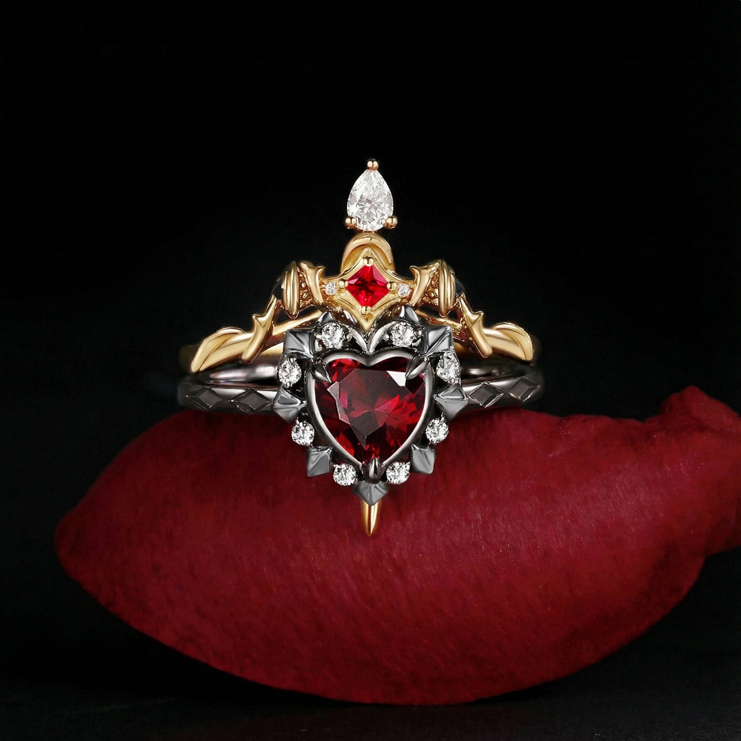 'Cupid's Arrow' - Gothic Heart Cut Garnet Heart Sword Ring Alernative Bridal Set