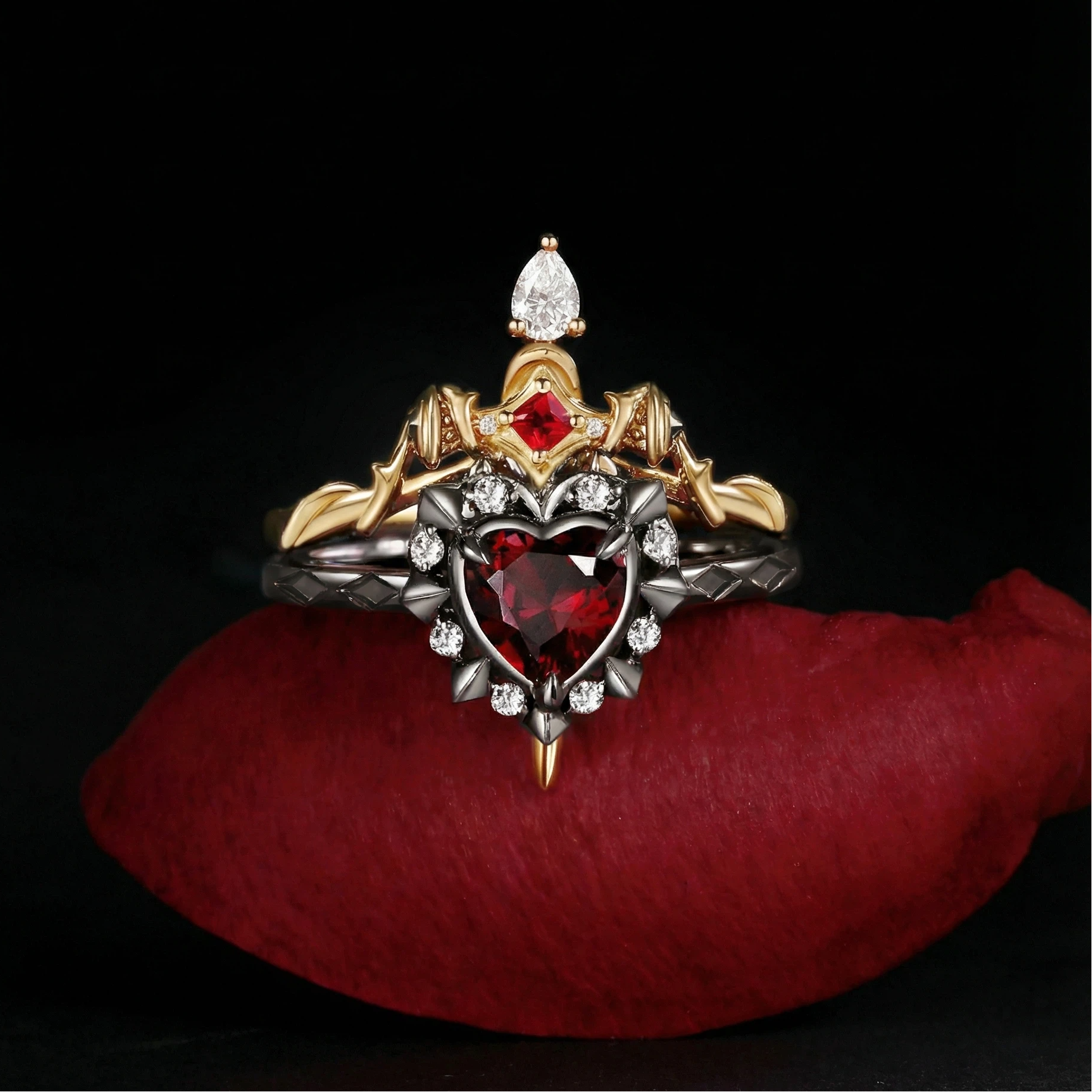 Unique Heart Shaped Garnet Sword Ring Bridal Set 2pcs - Cupid's Arrow