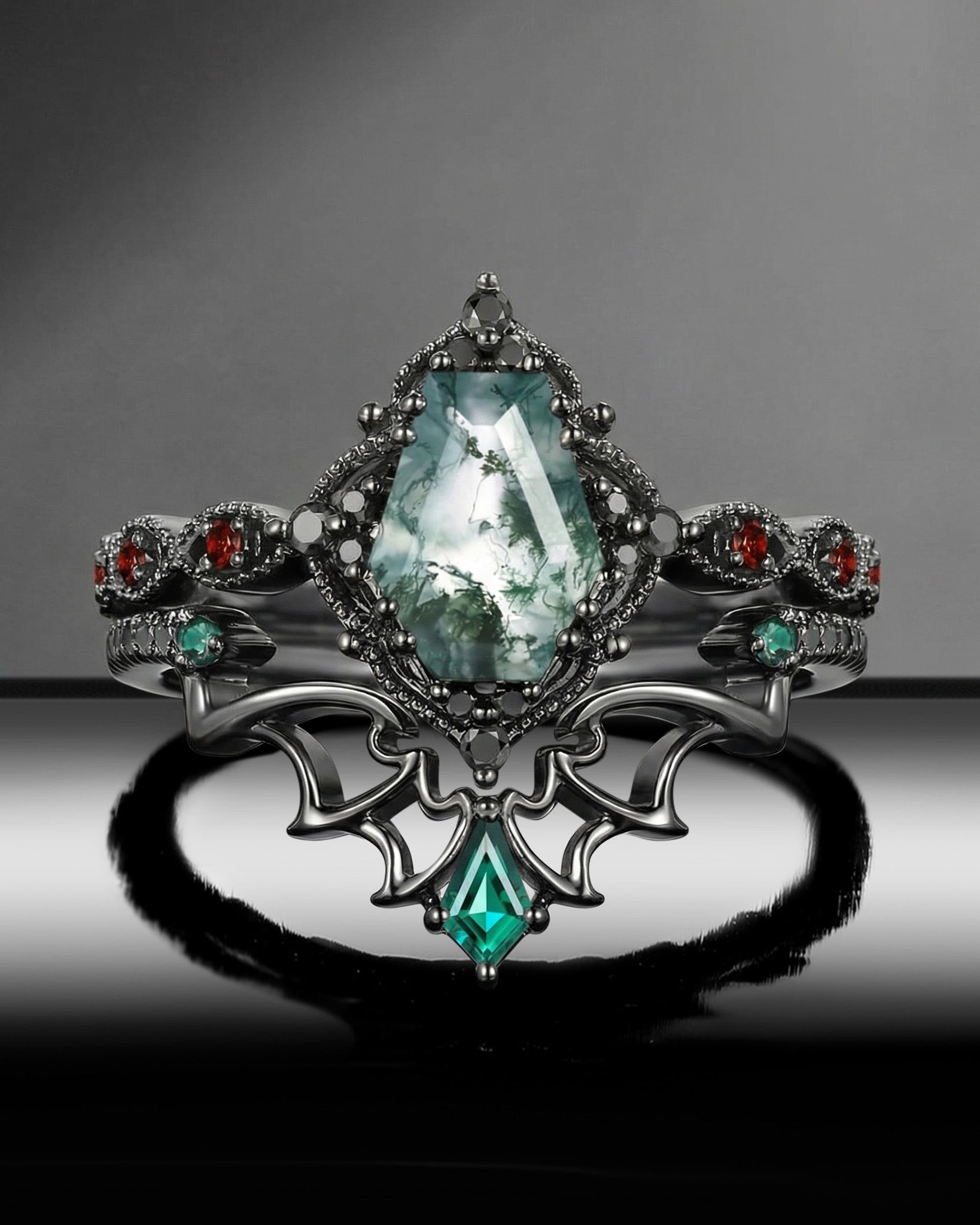 Gothic Inspired 'Dark Romance' Coffin Shaped Moss Agate Black Gold Engagement Ring Set 2pcs