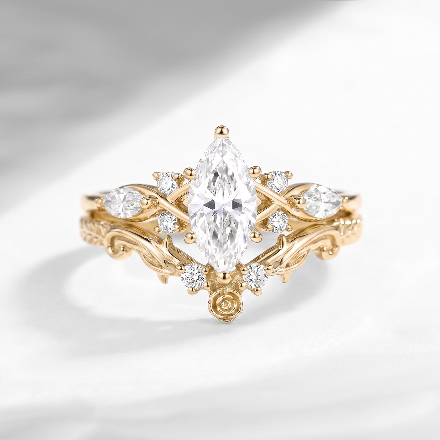 Thorns & Roses - Nature Inspired Marquise Cut Moissanite Twisted Engagement Ring Set with Leaf Engraving Band