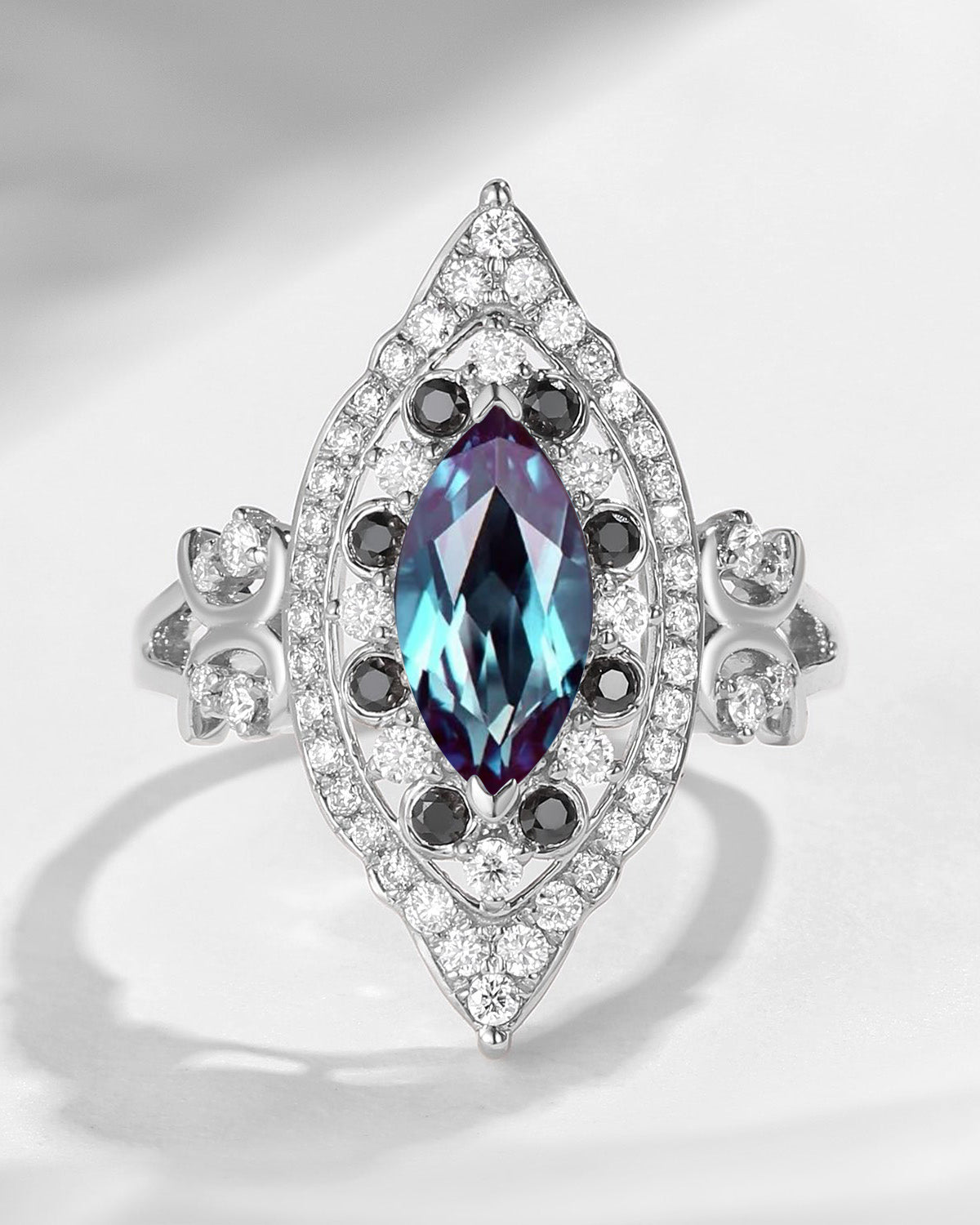 Maximalist Style Vintage Inspired Marquise Cut Lab Alexandrite Engagement Ring