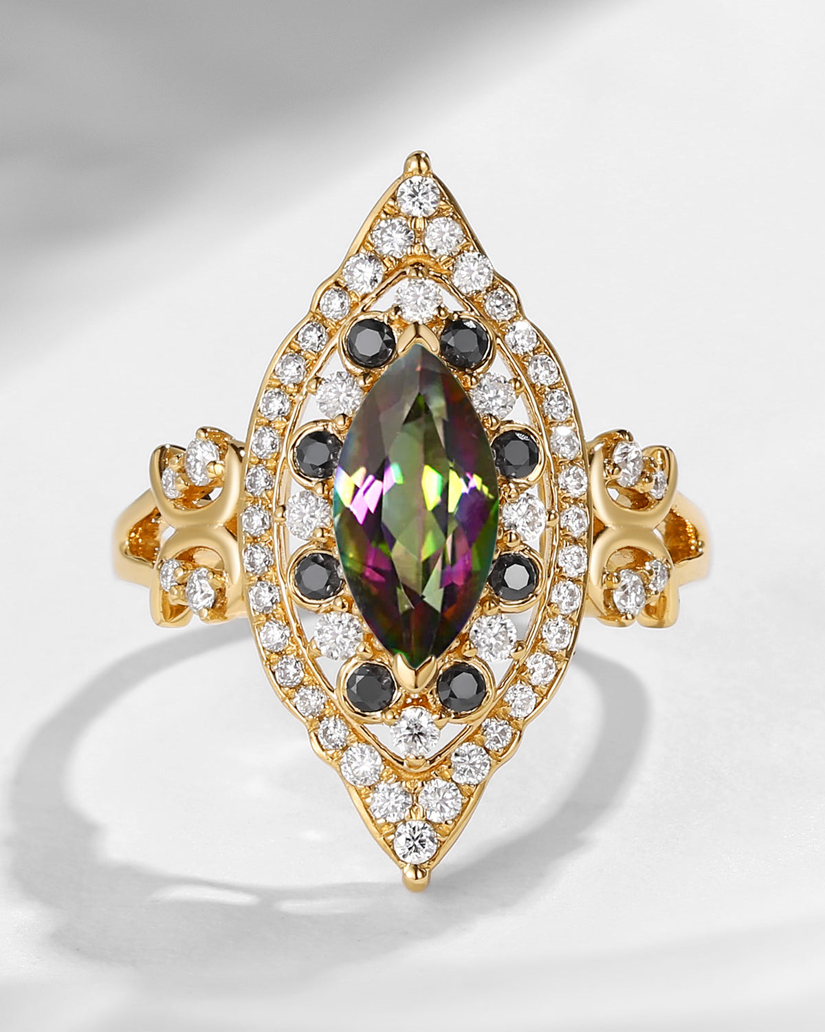Maximalist Style Vintage Inspired Marquise Cut Mystic Topaz Engagement Ring