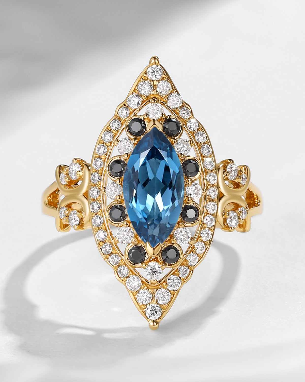 Maximalist Style Vintage Inspired Marquise Cut London Blue Topaz Engagement Ring