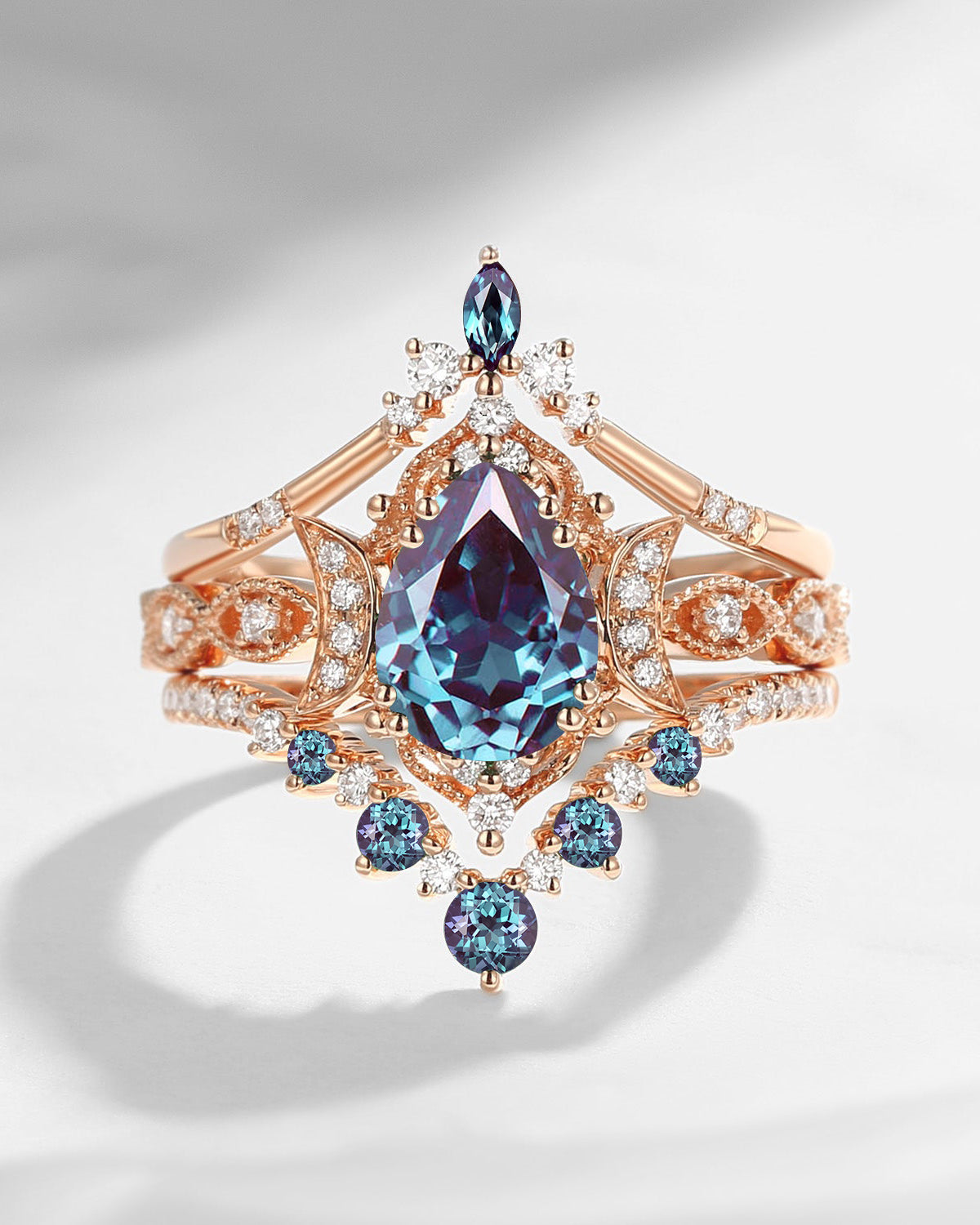 Crescent Moon | Vintage Style Pear Cut Lab Alexandrite Ring Set 3pcs