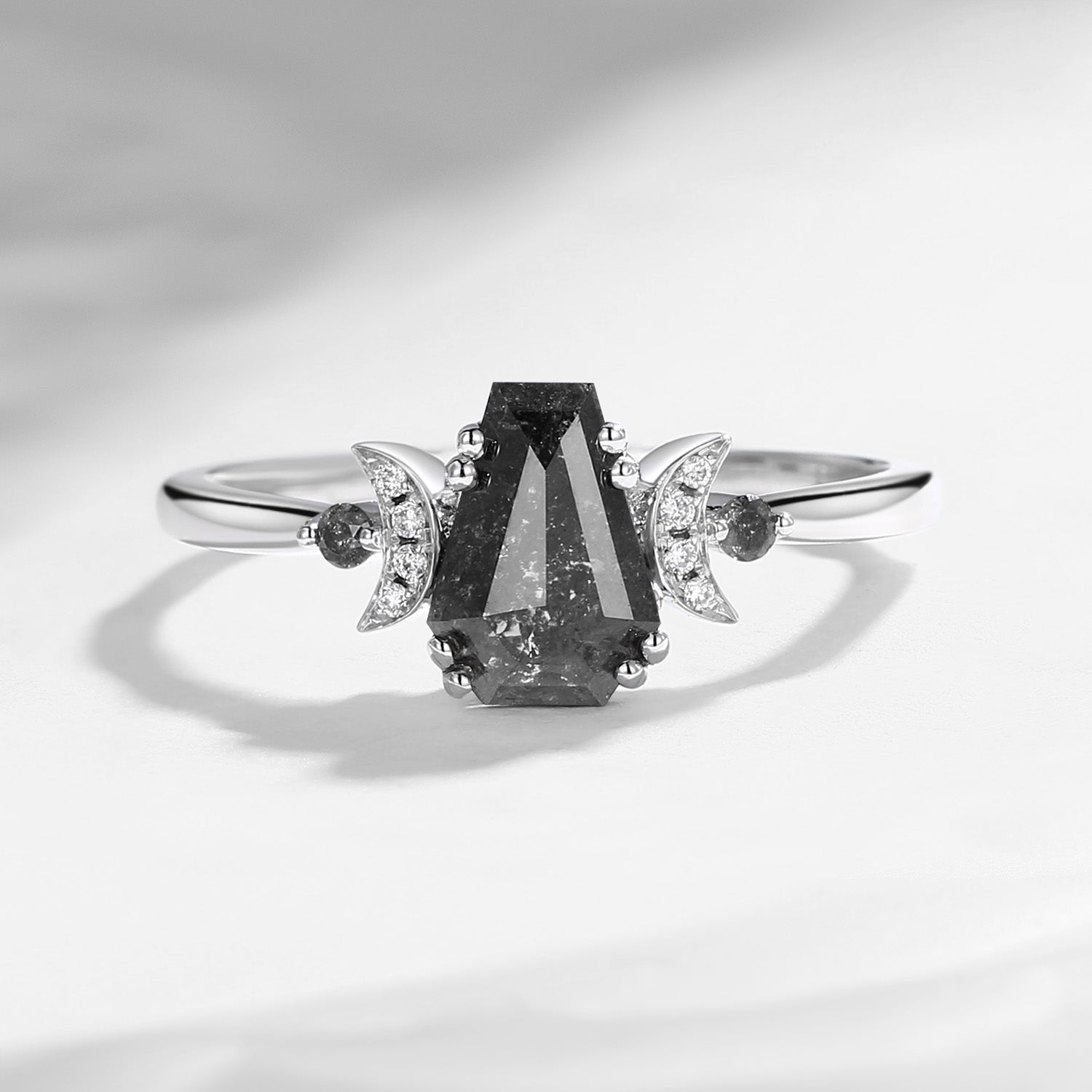 Crescent Moon | Coffin Salt and Pepper Diamond Classic Engagement Ring