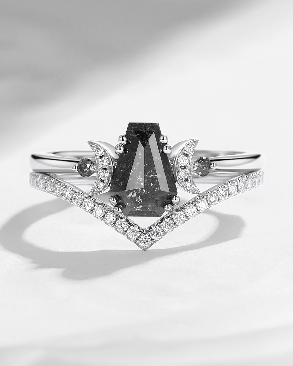 Crescent Moon | Coffin Salt And Pepper Diamond Classic Engagement Ring Set 2pcs