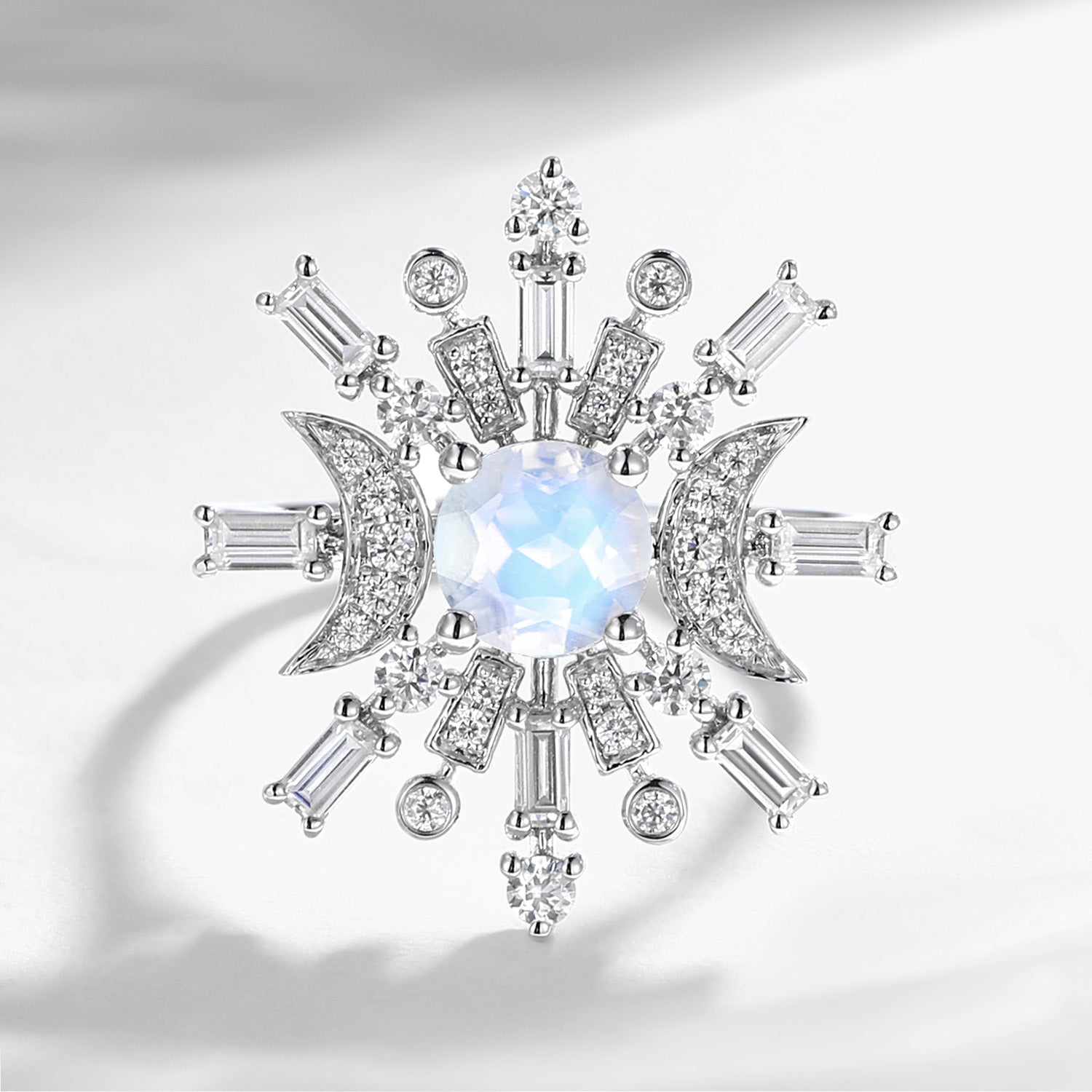 Crescent Moon | Round Cut Moonstone Maximalist Style Engagement Ring