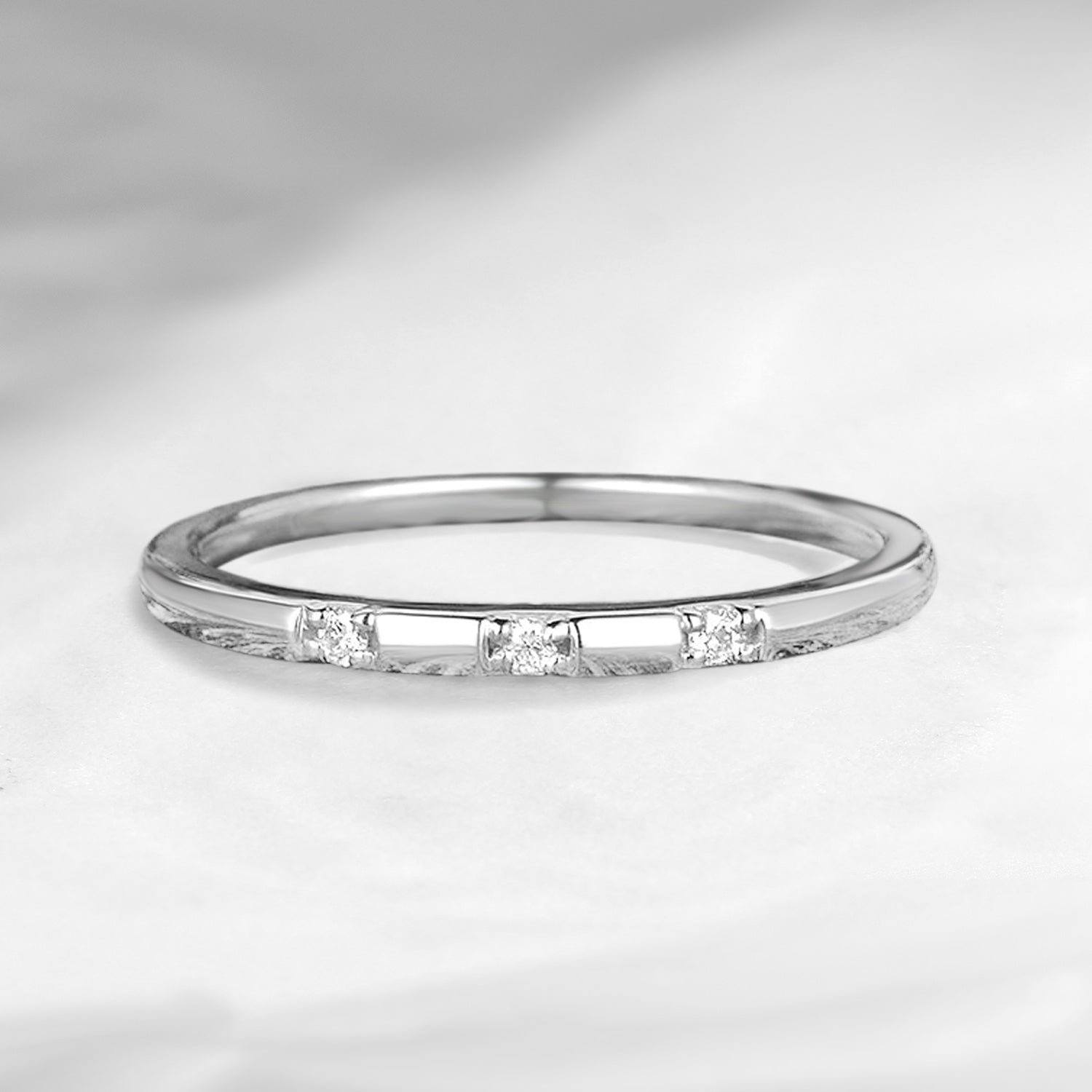 Delicate White Gold Three Stone Matching Wedding Ring