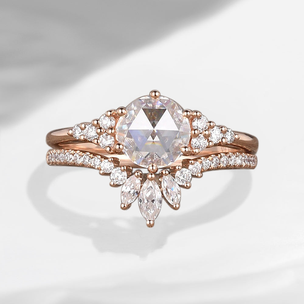 Unique Rose Cut Moissanite Engagement Ring Set 2PCS