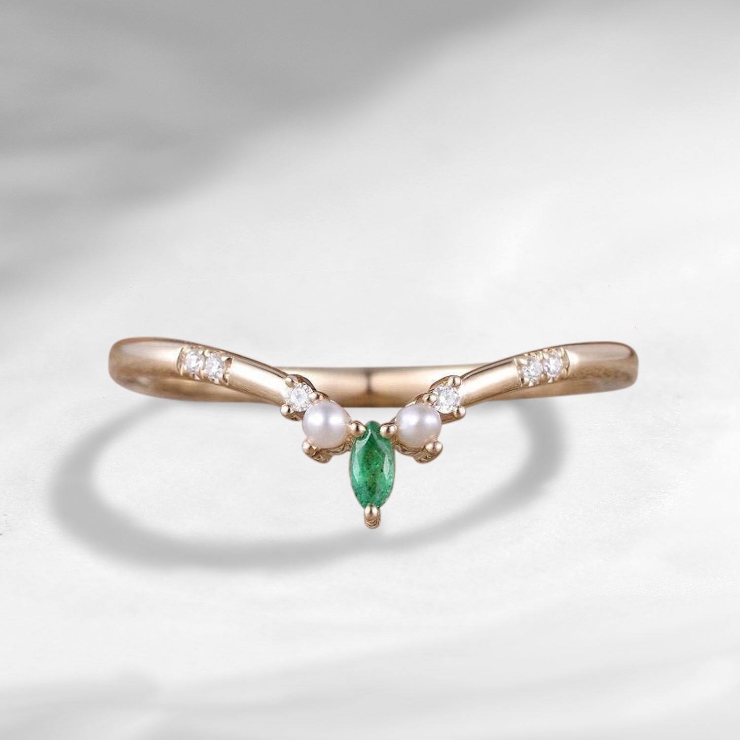 Unique Chevron Mini Pearl Emerald Wedding Band