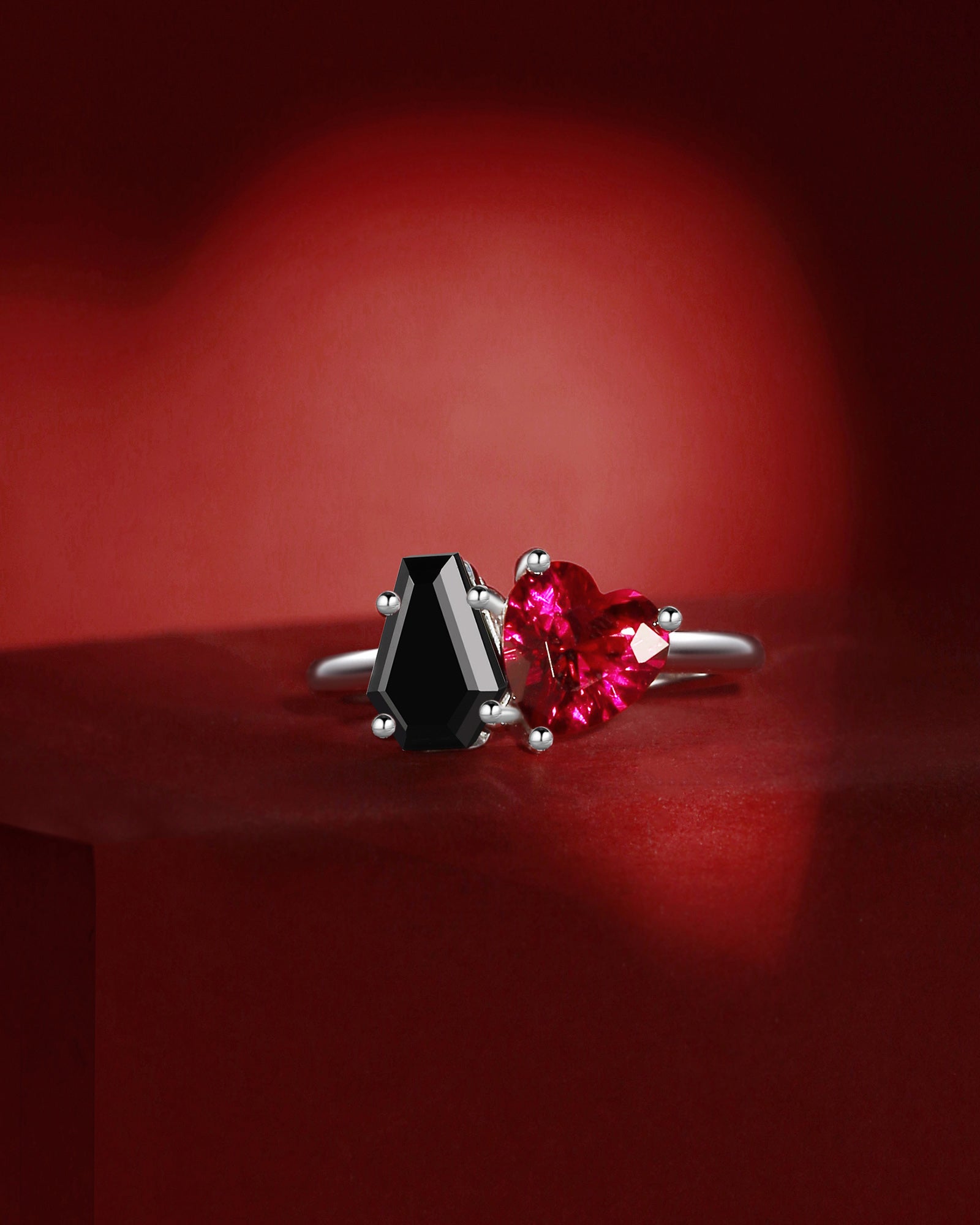 Black Moissanite And Lab Ruby Ring Two Stone Coffin And Heart Cut Promise Ring - Toi Et Moi Ring