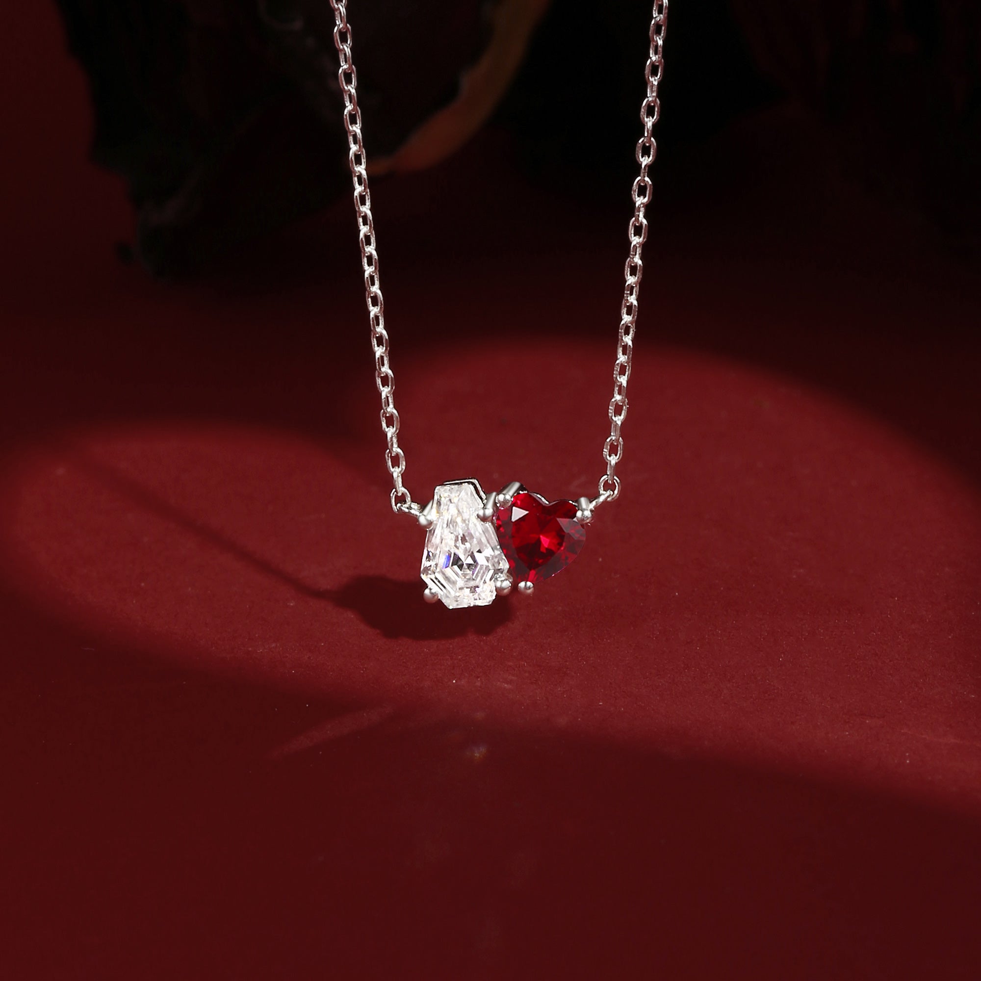 Moissanite & Lab Ruby Two Stone Coffin And Heart Cut Necklace - Toi Et Moi Necklace