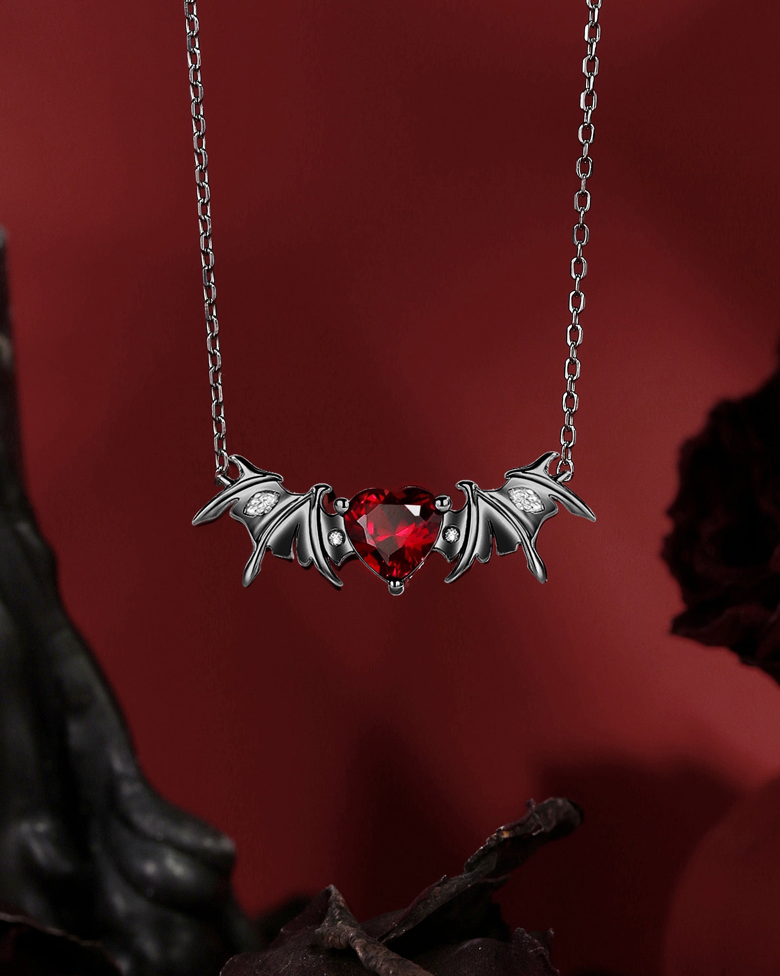Bat Wing Garnet Heart Cut Necklace - Fly To Love