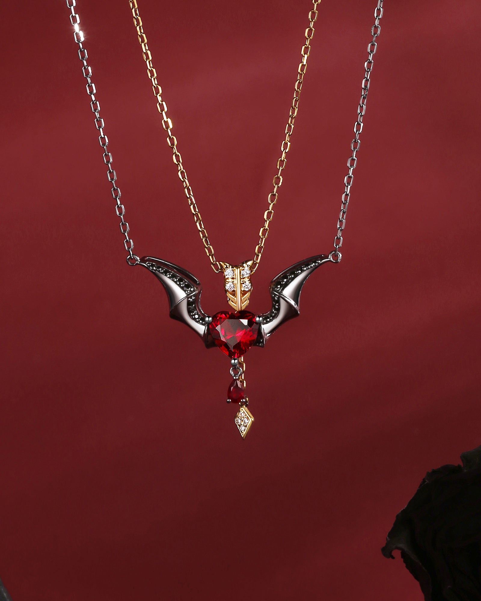 Black Inspired Devil Wing Garnet Heart Cut Couple Necklaces Set 2pcs - Cupid's Arrow