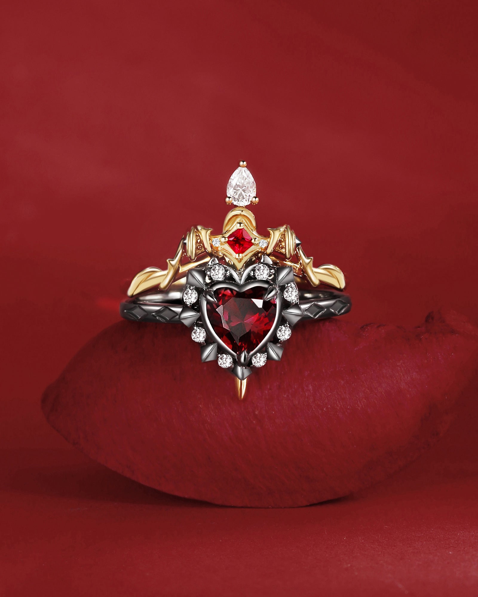Unique Heart Shaped Garnet Sword Ring Bridal Set 2pcs - Cupid's Arrow