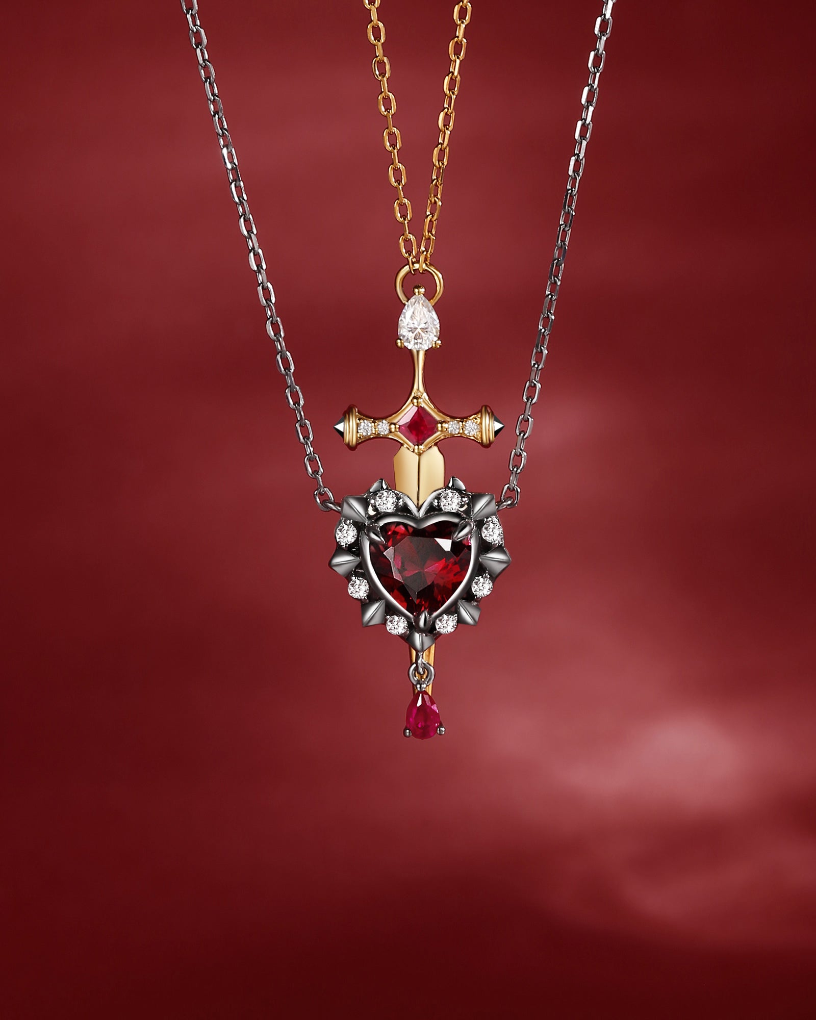 Lab Ruby Heart Cut Couple Necklaces Set 2pcs - Cupid's Arrow