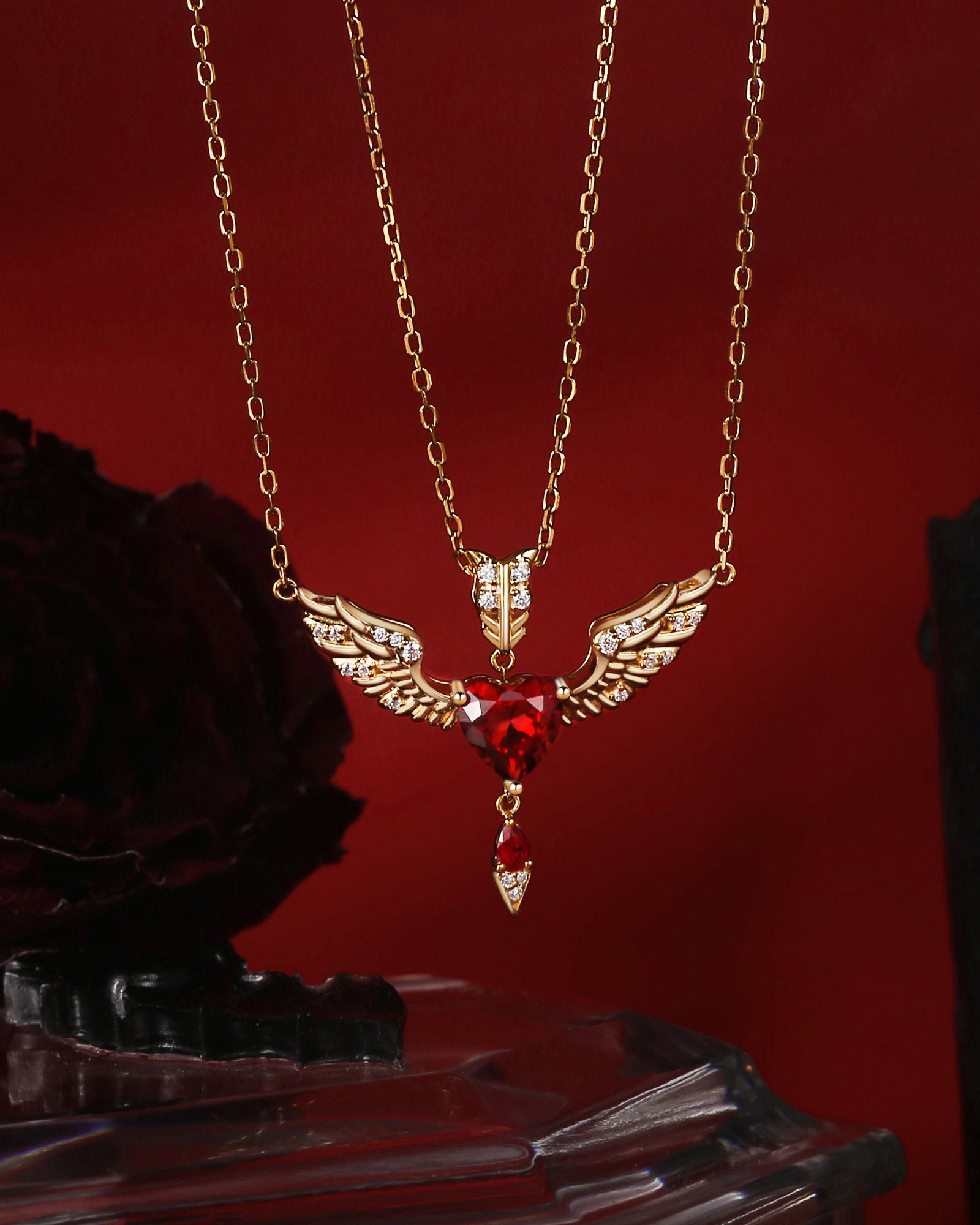 Feather Angel Wing Lab Ruby Heart Cut Couple Necklaces Set 2pcs - Cupid's Arrow