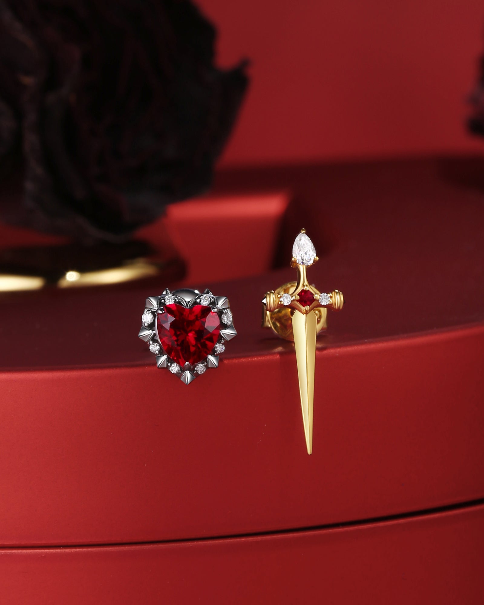 Lab Ruby Heart Shaped And Sword Earrings - Cupid's Arrow