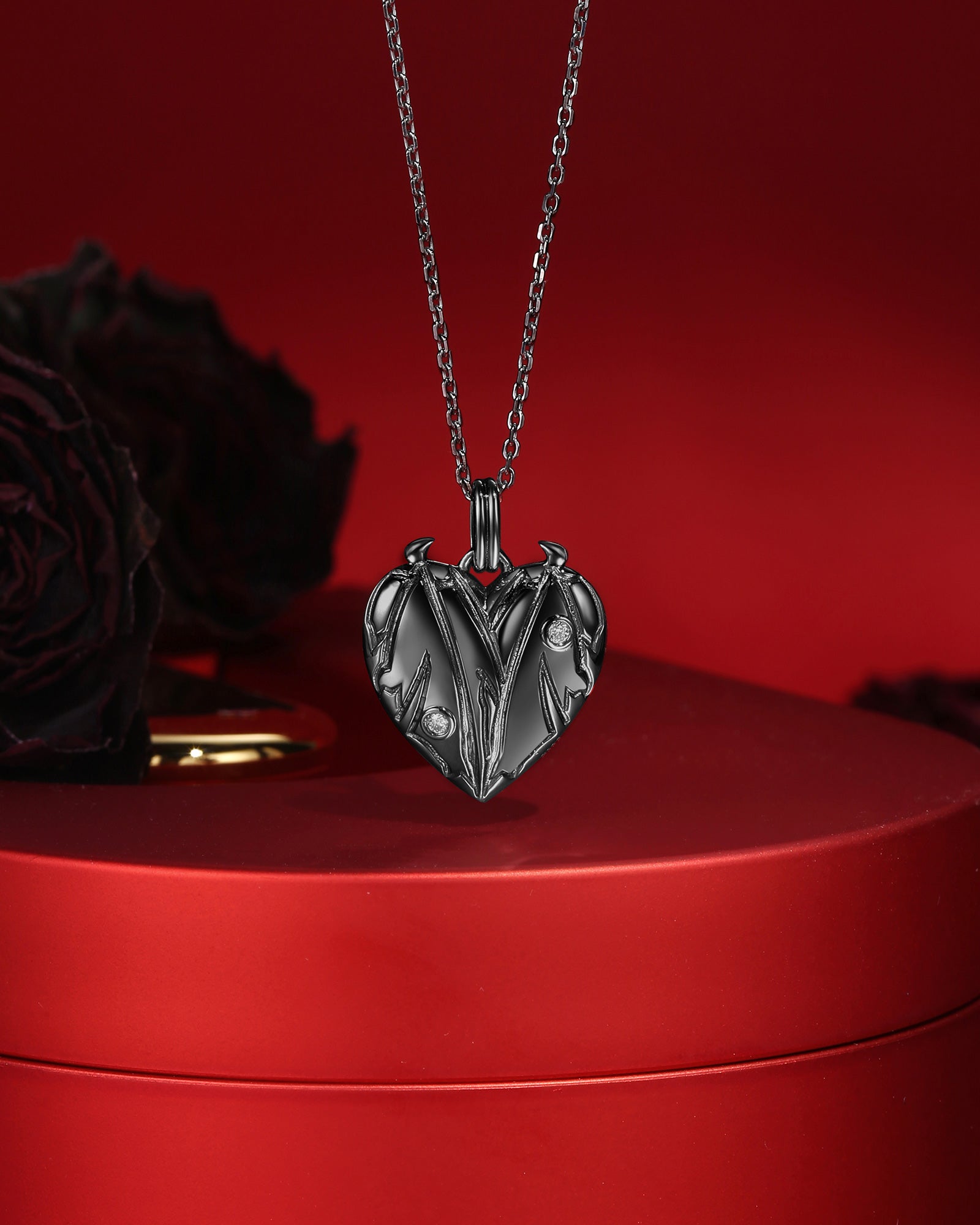 Embrace Heart Bat Wing Black Gold Necklace - Fly To Love