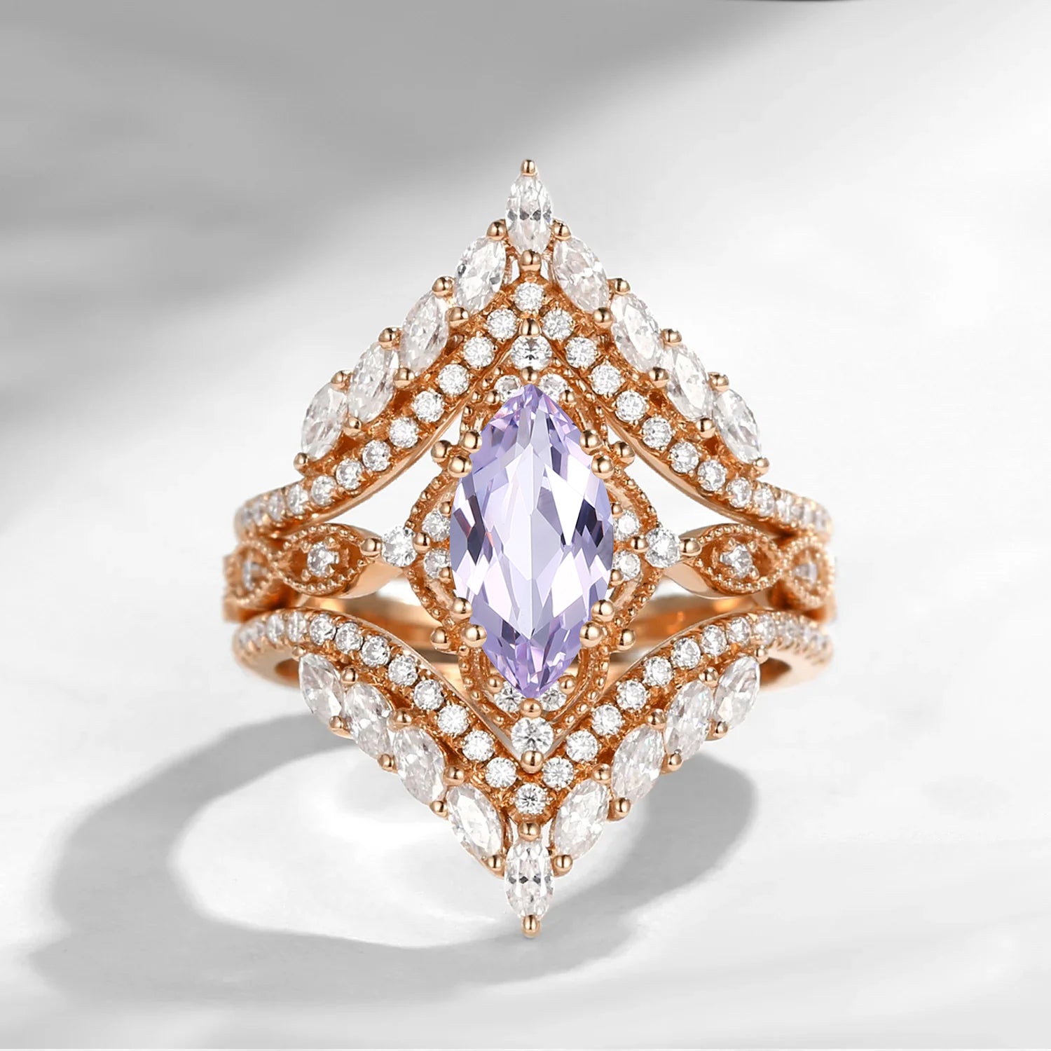 Vintage Inspired - Marquise Lab Lavender Sapphire Cage Ring Set